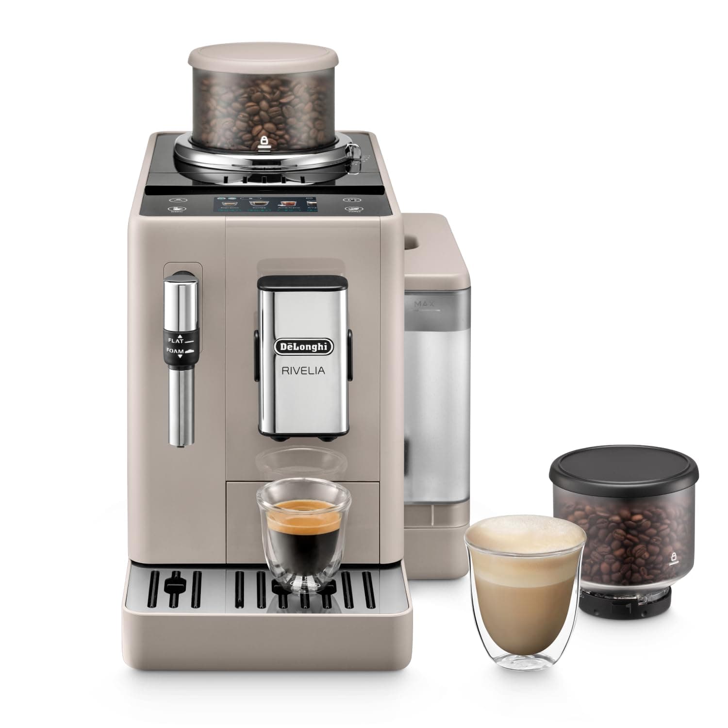 De’Longhi Rivelia - Perfetto Kaffeevollautomat mit Milchaufschäumer, 8 One-Touch-Getränke, Touch-Display, austauschbare Bohnenbehälter zum Wechseln der Kaffeebohnen, Beige (EXAM440.35.BG)