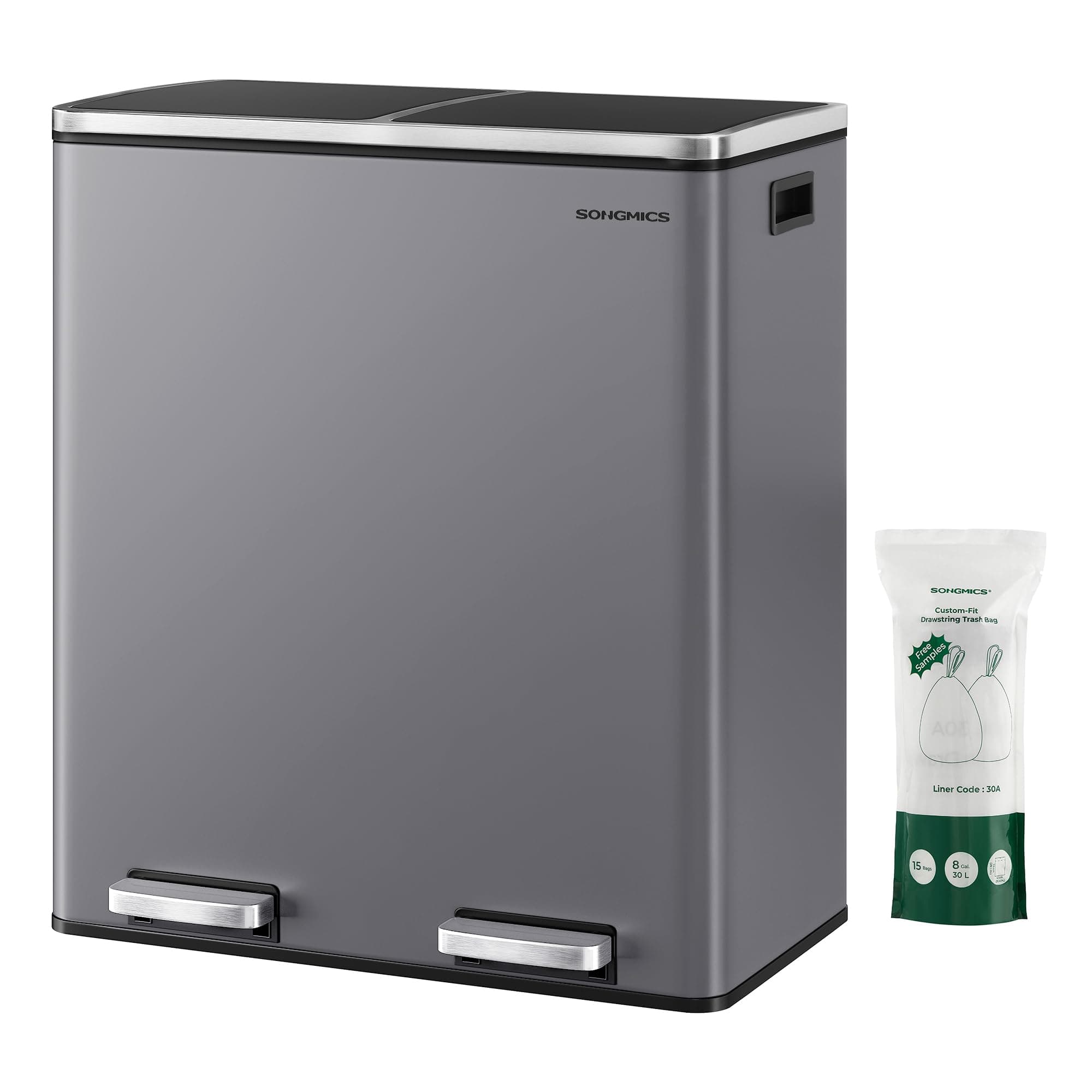 SONGMICS Mülleimer, 2 x 30 Liter, 2 Fächer, Mülltrennsystem, Treteimer, Abfalleimer Küche, 15 Müllsäcke, Metall, Inneneimer aus Kunststoff, Klappdeckel, Softclose, luftdicht, schiefergrau LTB060G01