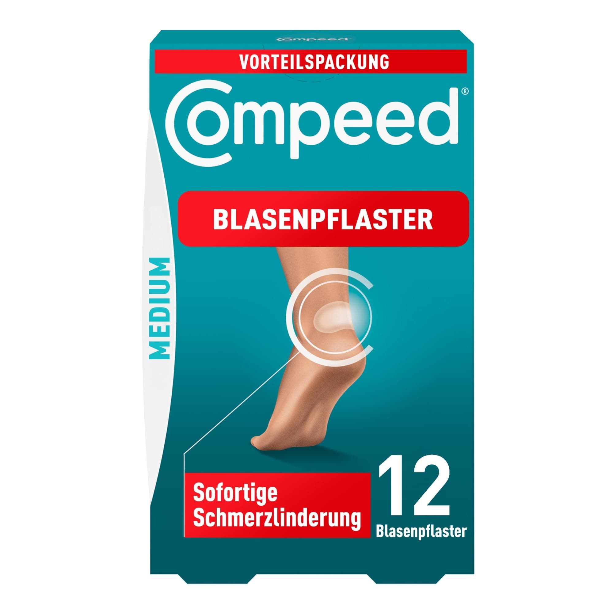 Compeed Blasenpflaster Medium - Hydrokolloid-Pflaster - mit Polsterung an der Ferse, schützt vor Druck und Reibung - lindert Schmerzen, zur schnellen Abheilung - 4,2 x 6,8 cm - 12 Stück