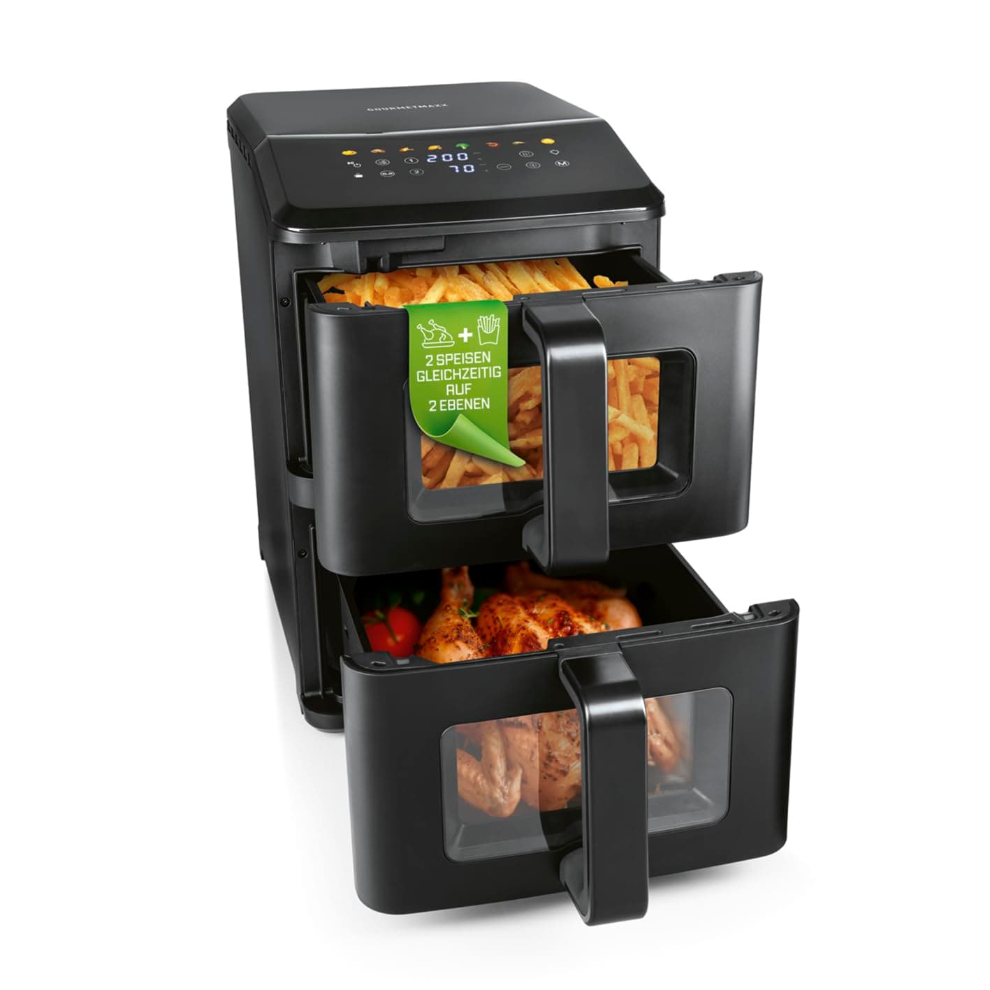 GOURMETmaxx FryUp vertikale Doppelkammer Heißluftfritteuse mit Sichtfenster - 10 L | Airfryer mit 9,8 Zoll Multi-Colour LED-Touchdisplay & 11 Programmen | Heißluftfritteuse 2 Kammern mit Oberhitze