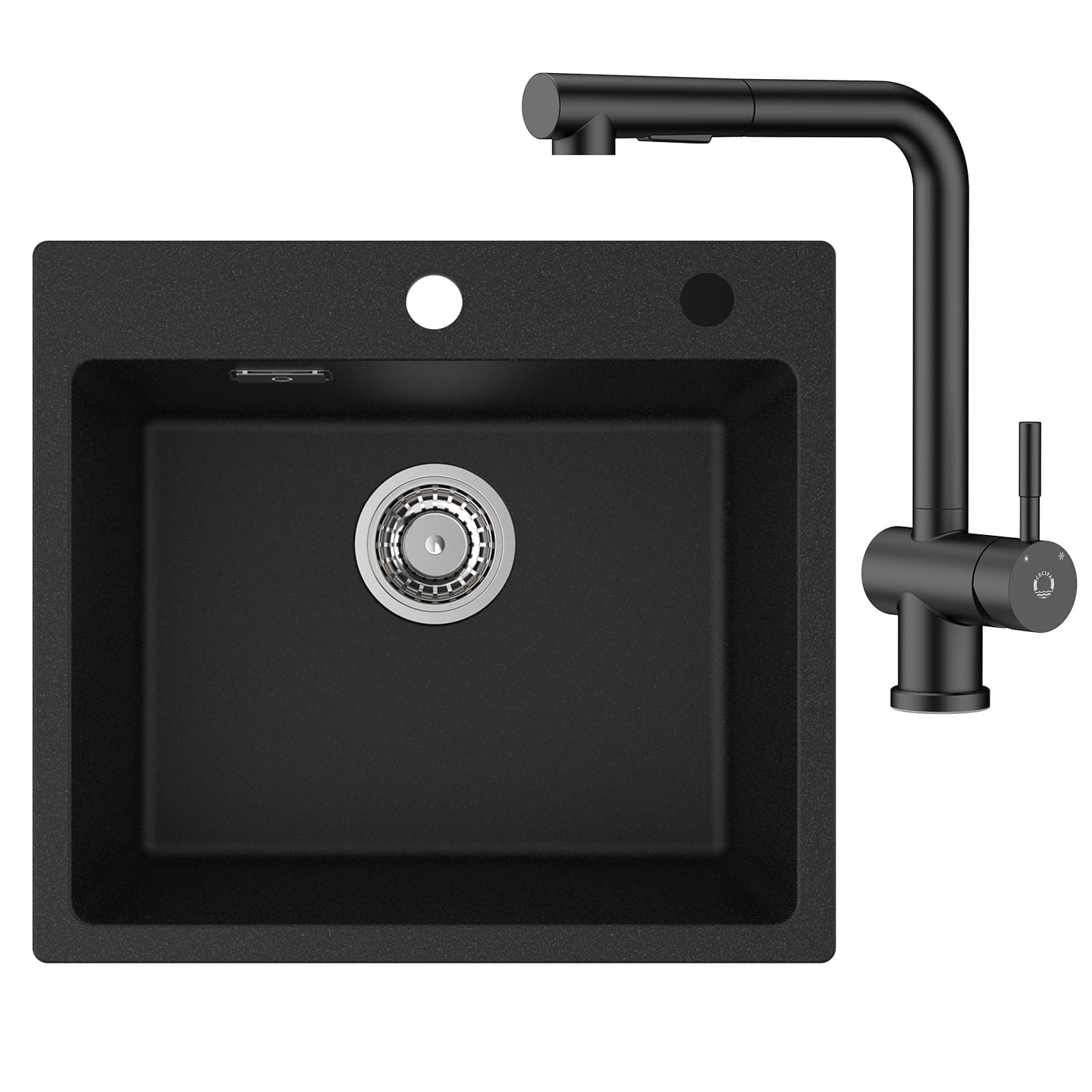 CECIPA Fregadero de cocina con grifo, 50 x 45 cm, de granito, con juego de grifería,Lavabo Negro + Grifo Mezclador Negro B