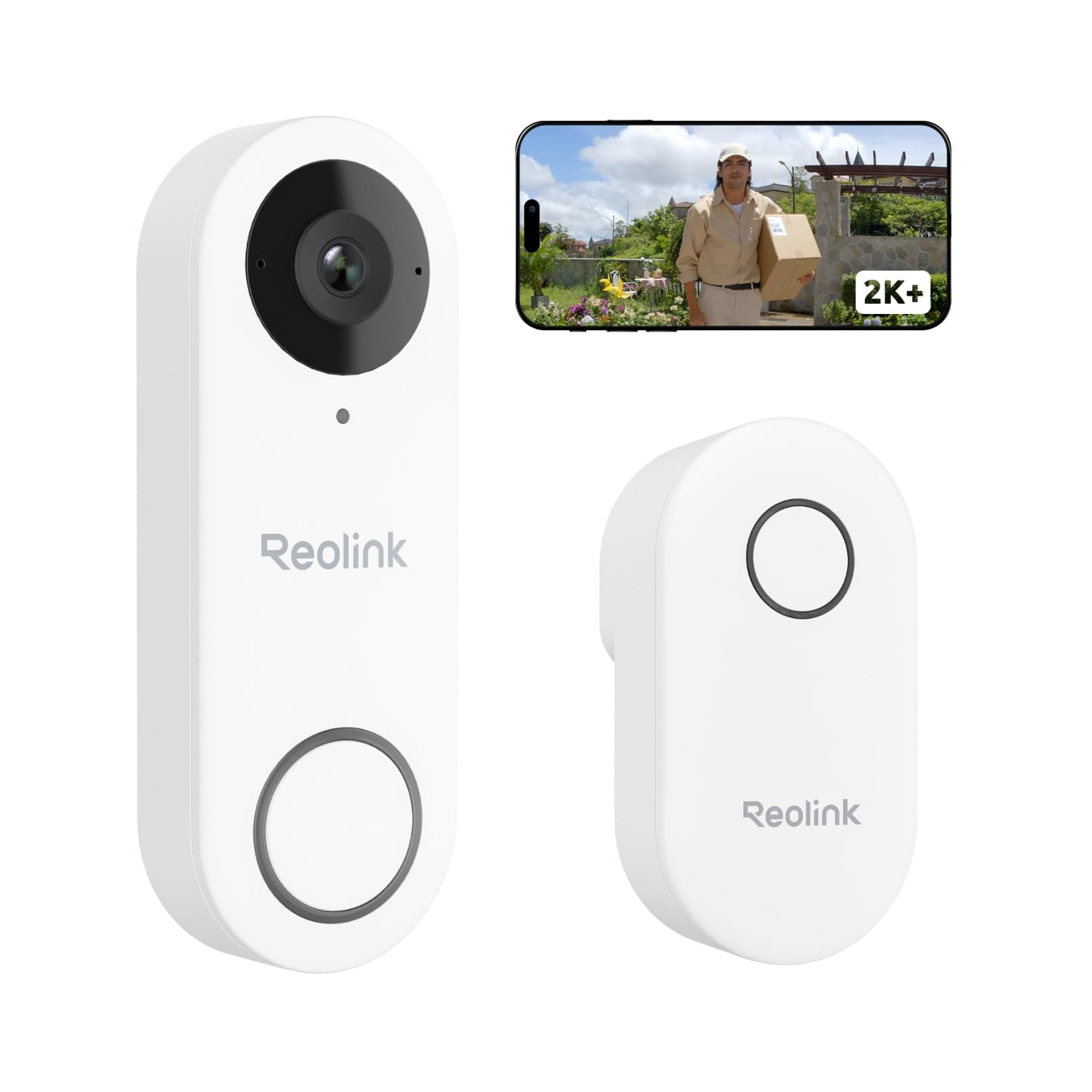 Reolink 2K+ Timbre Inalámbrico Exterior Impermeable, 5/2,4 GHz WiFi, 180°, Vista de 3:4 de Cabeza a Pies, Audio Bidireccional, Detección de Persona/Paquete, Video Doorbell WiFi (Blanco)