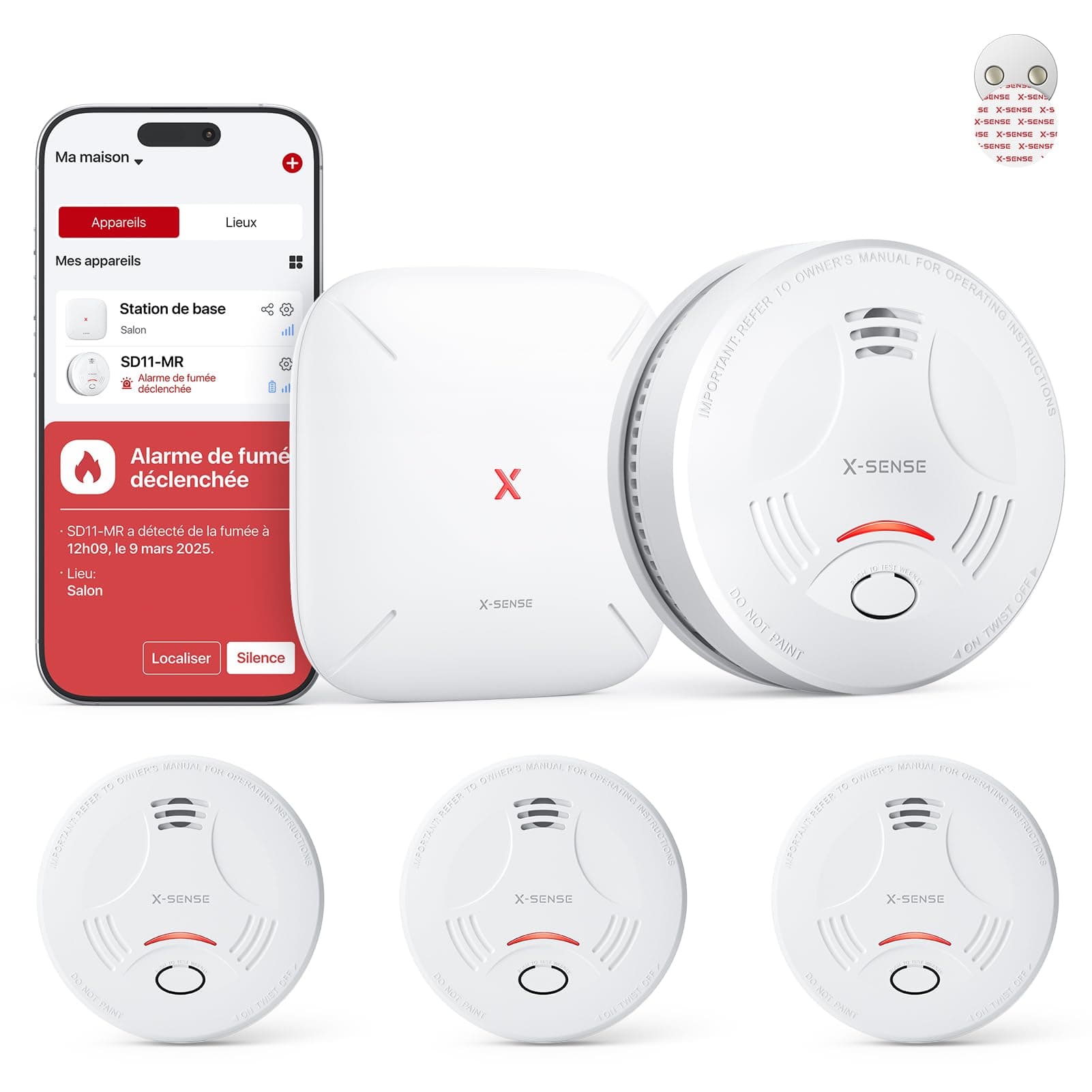 X-Sense Détecteur de Fumée Connecté, Alarme Incendie Interconnecté avec Fixation Magnétique sans Perçage, Mode Nuit Silencieux, Batterie Remplaçable, Fonction App Alertes en Temps Réel, SD11-MR31