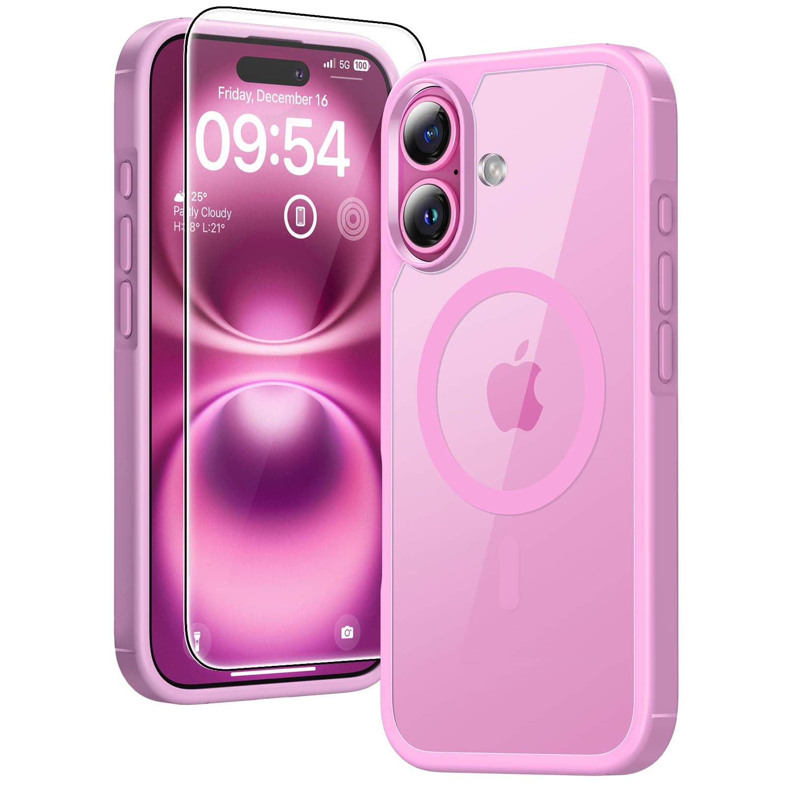 TAURI Cover per iPhone 16 con Pellicola in Vetro Temperato,[Compatibile con MagSafe] Magnetica Custodia per Sottile Anticaduta - Rosa