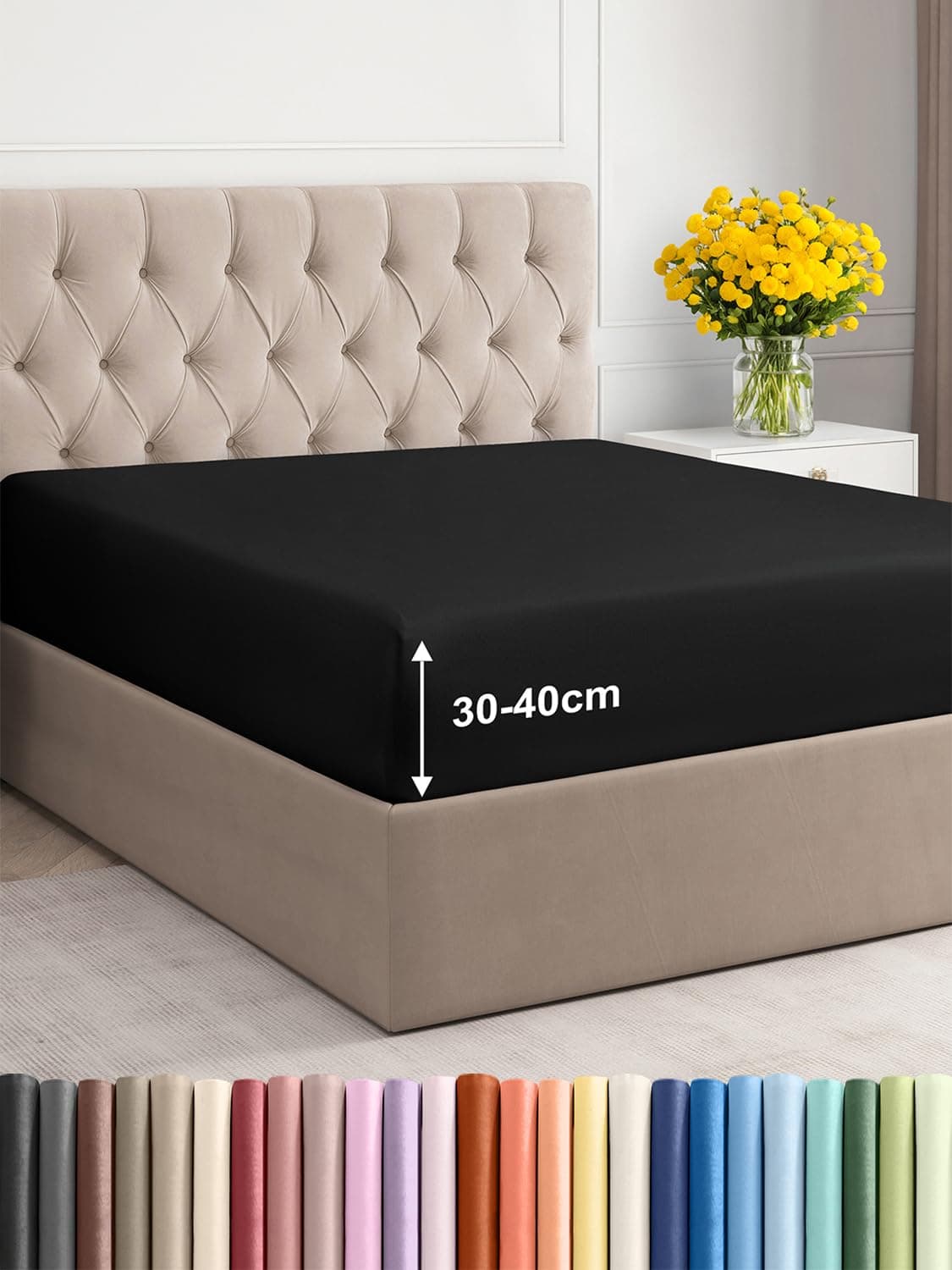 Sábana Bajera Ajustable 90x200 cm - Alto Especial 40 cm Colchón Alto - Sábanas Bajeras Microfibra Suave Transpirable y Antiarrugas - Bajera Cama con Goma Elástica - Oeko-Tex - Bed Sheets - Negro