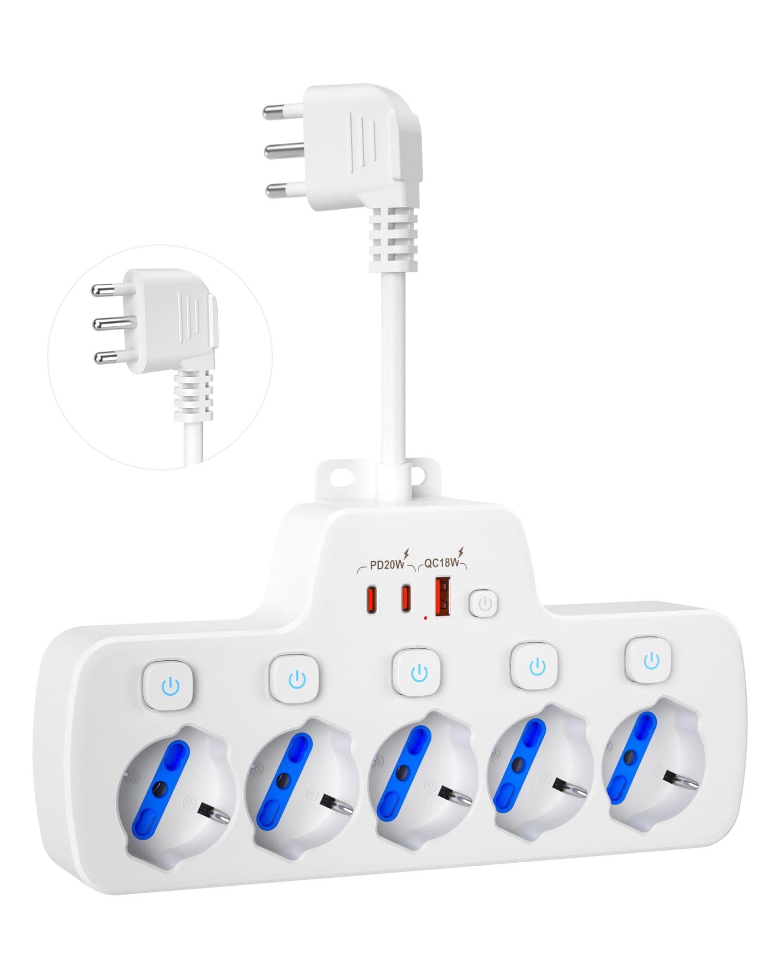 Ciabatta Elettrica Multipresa con USB C,Presa Multipla Salvaspazio con Interruttori Indipendenti 5 Posti Polivalenti Schuko P40 10A/16A,Ricarica Rapida PD20W Cavo Corto Spina Italiana 16A 2P+T,Bianco
