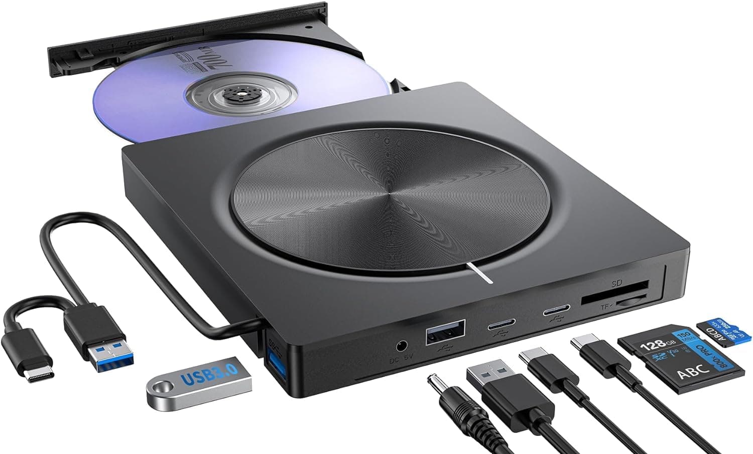 Lecteur CD DVD Externe pour PC, USB 3.0 et Type-C Graveur D VD Externe avec 2*USB-A 2*USB-C et Fente SD/TF, Optique Portable CD DVD -/+RW Drive pour Windows/MacOS/Laptop/Desktop