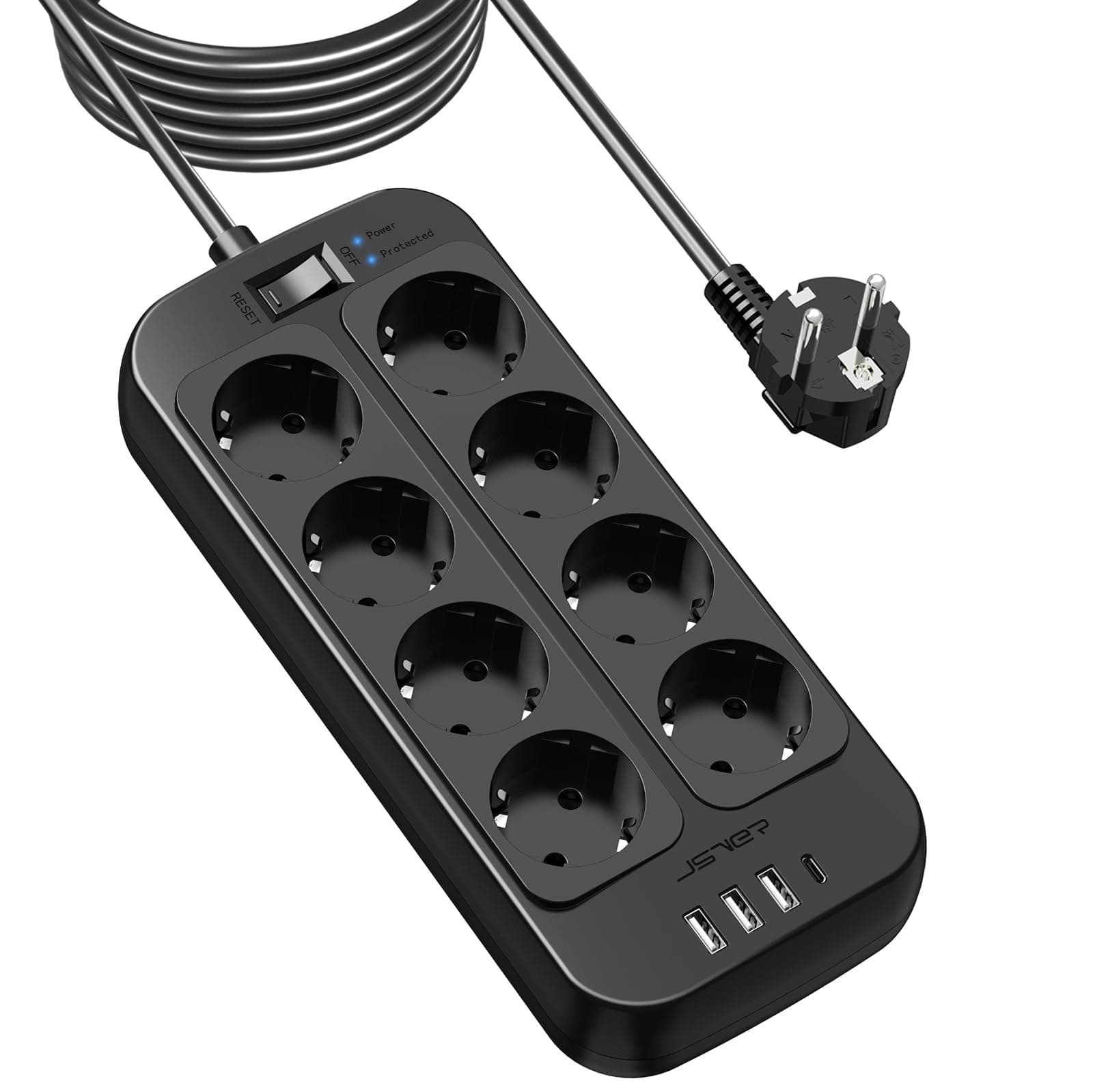 JSVER Regleta con Protección Sobretensión - 8 Tomas de Corriente y Puertos USB (5V3,4A) - Estación de Carga Inteligente, Enchufe Multiple con Cable 5M-Negro
