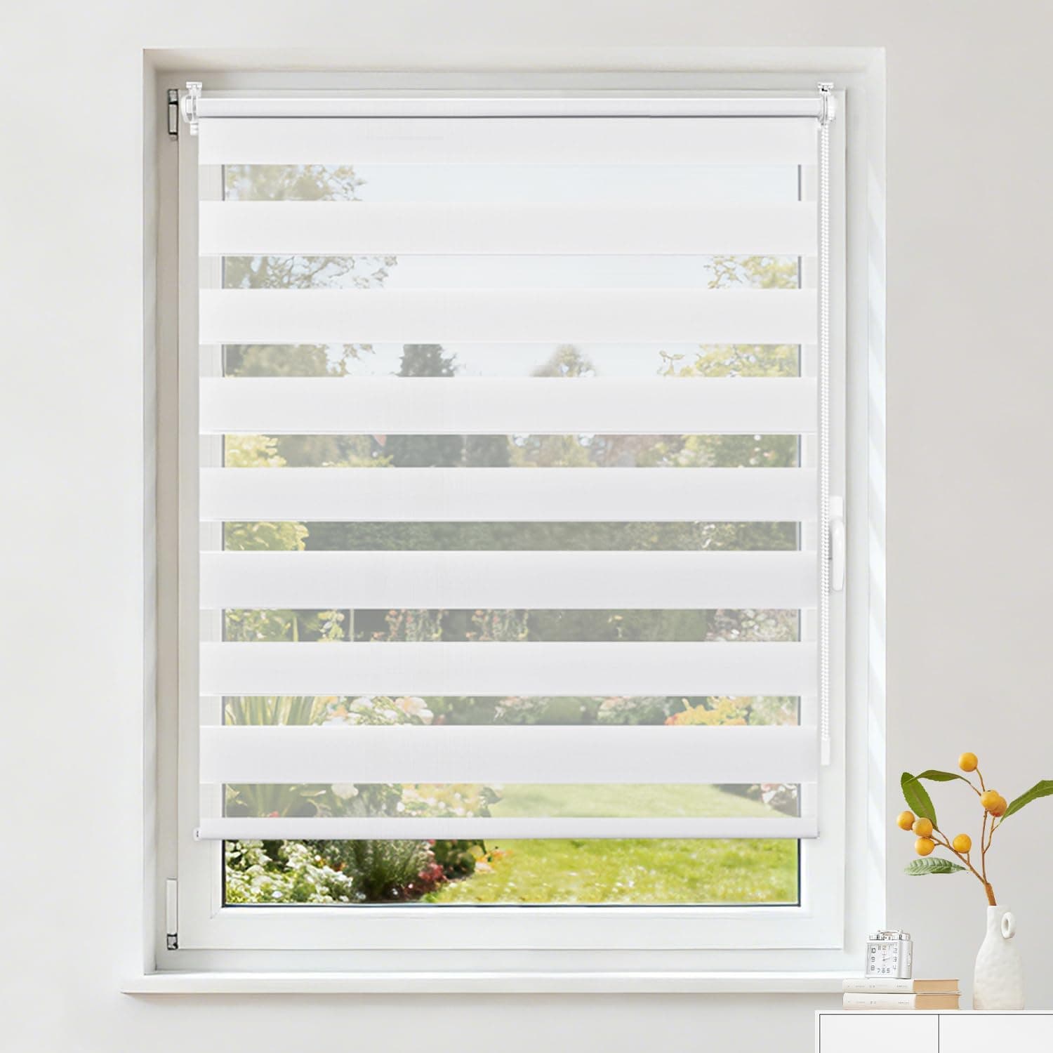 Buseu Store Enrouleur Jour Nuit sans Perçage, Rideau Translucide & Occultant, Fixation Facile par Clips pour Fenêtre ou Porte, Blanc, 60l x 120L cm (Largeur du Tissu 60 cm)