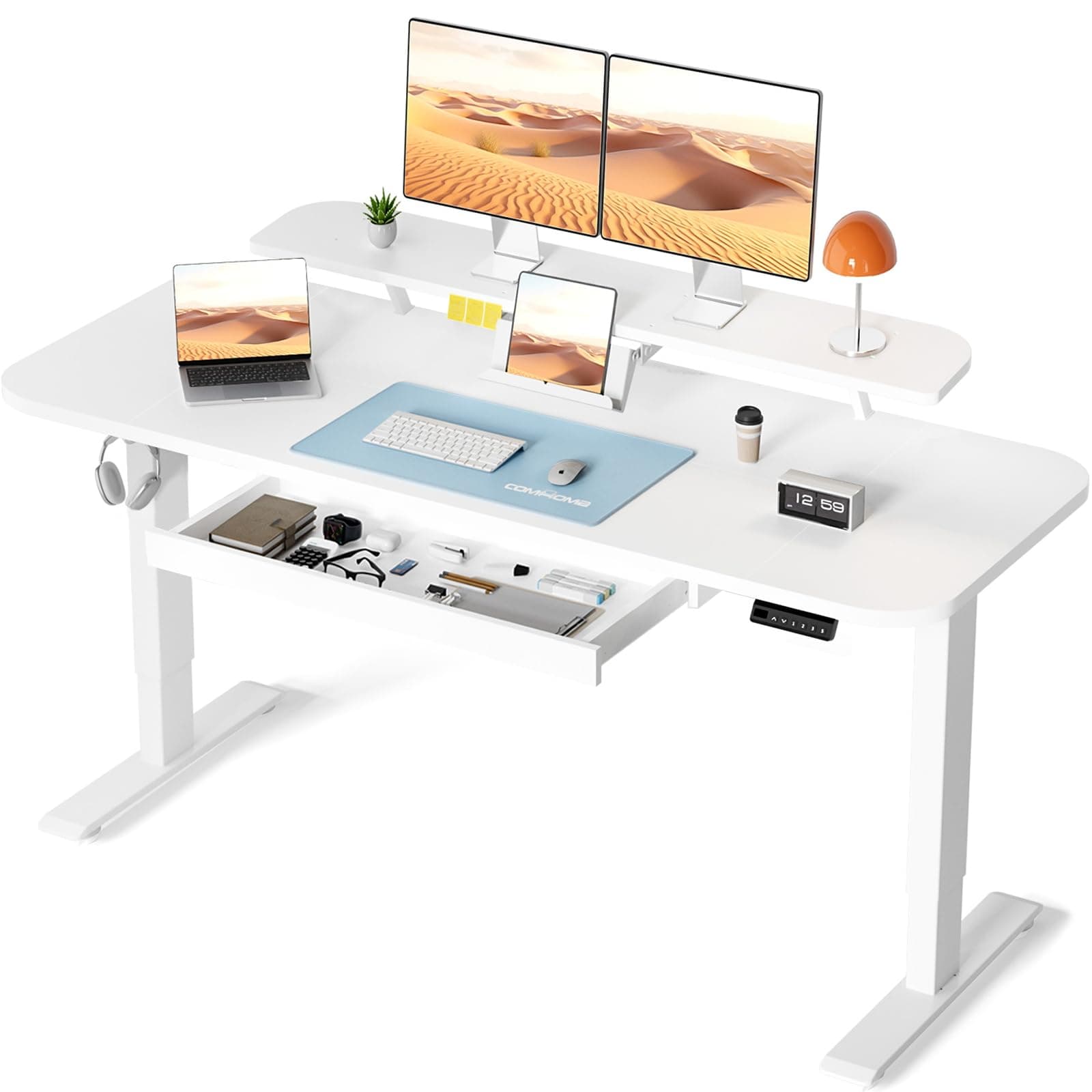 COMHOMA Bureau Assis Debout Électrique, 120x60cm Bureau Électrique avec Rangement, Support Écran, Tiroir, Support pour Ordinateur Portable, avec 3 Hauteurs de Mémoire, Blanc