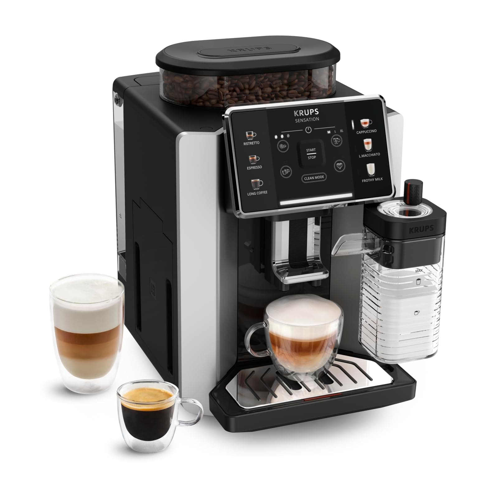 KRUPS - Sensation Lait - Machine Espresso Automatique Compacte - 15 bars | Cafetière a grain avec carafe Milk Maestro pour 6 recettes - Interface tactile intuitive - Nettoyage automatique - 15 bars