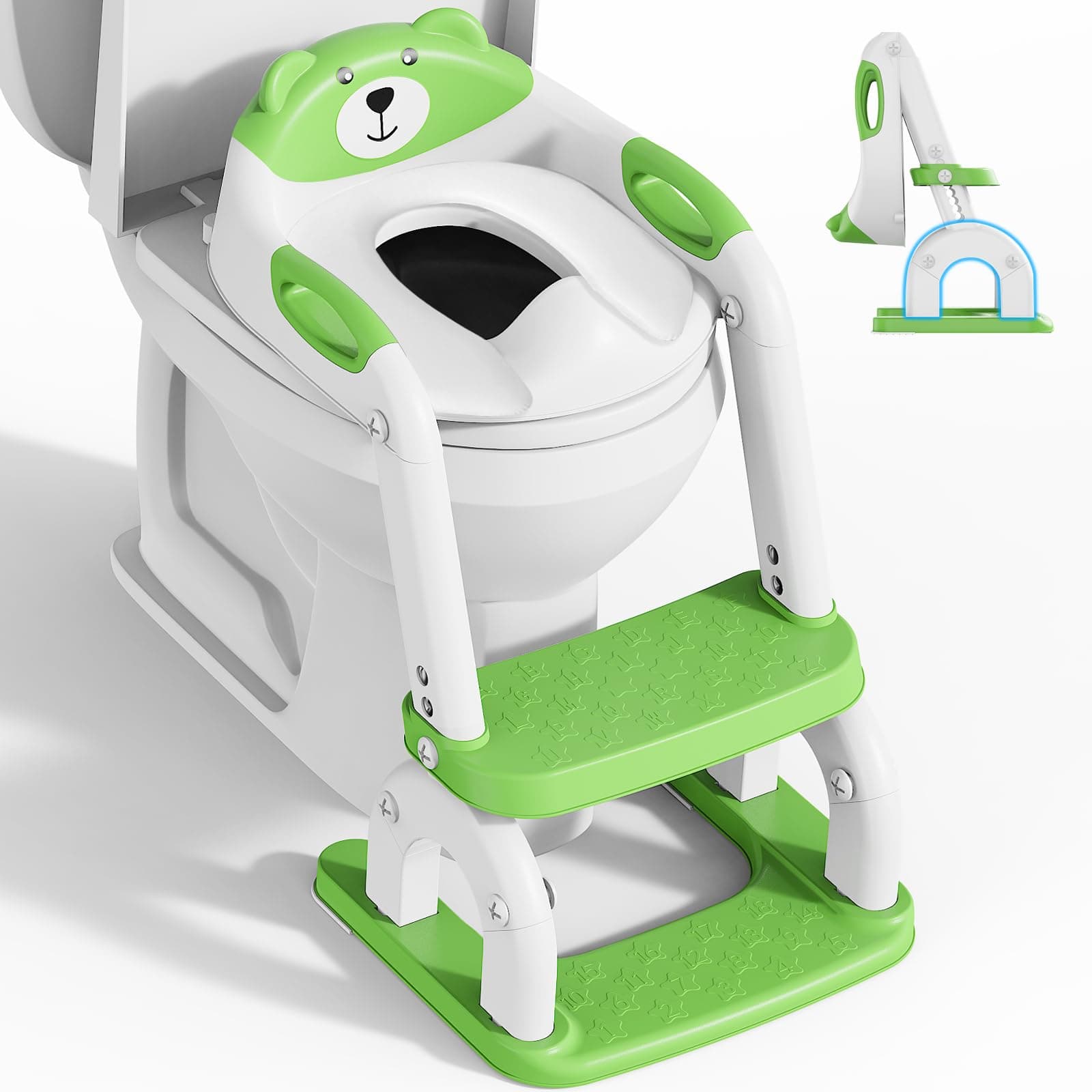 Sedile WC per bambini con scale, accessorio per WC aggiornato, per bambini e bambine, 2 in 1, con scale, regolabile in altezza, comodi sedili per WC sicuri, poggiapiedi per bambini (Verde)
