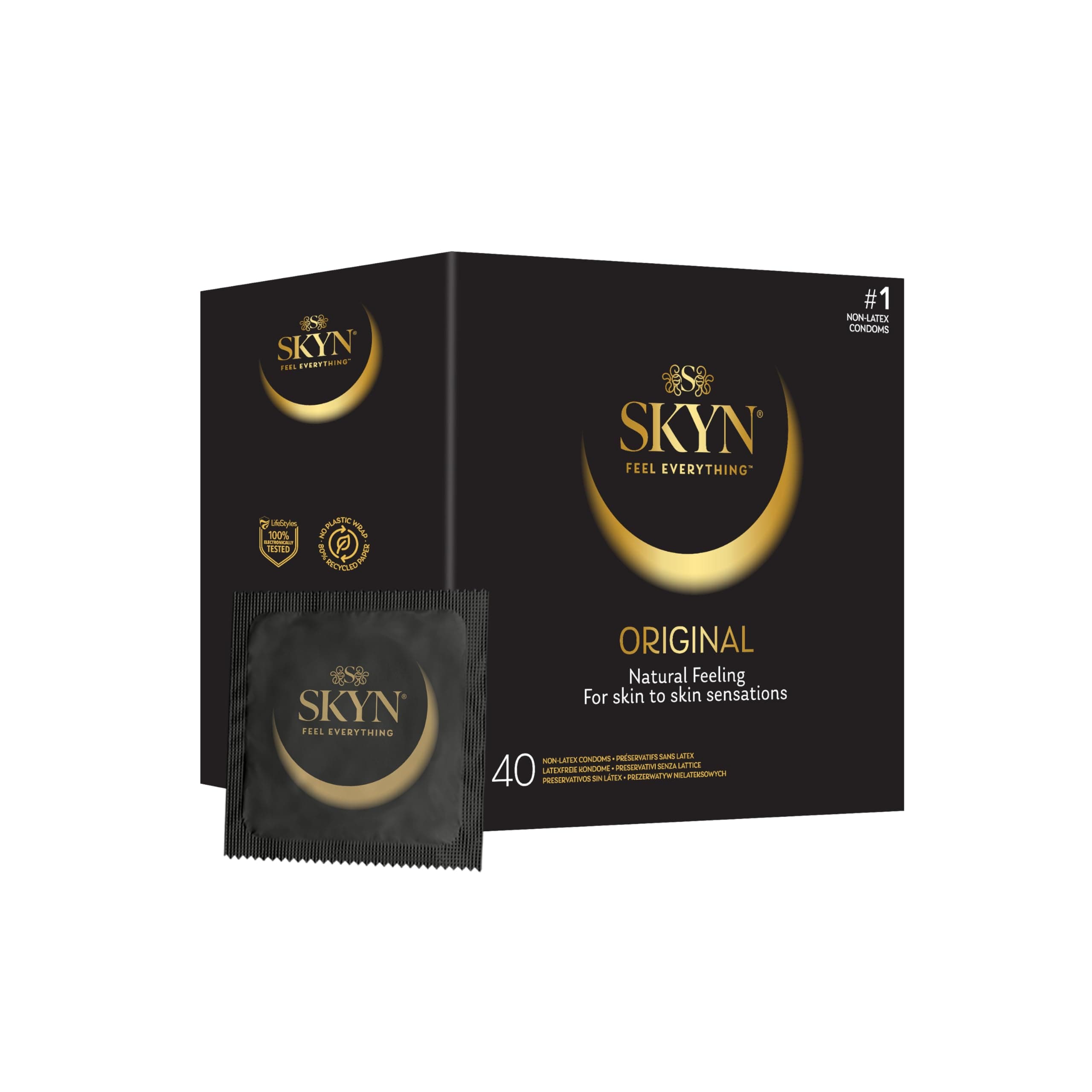 SKYN Original : Lot de 40 Préservatifs sans latex SKYNFEEL pour Homme / Taille Régulière, Solides, Lisses, Fins, Forme Droite / Diamètre 53mm