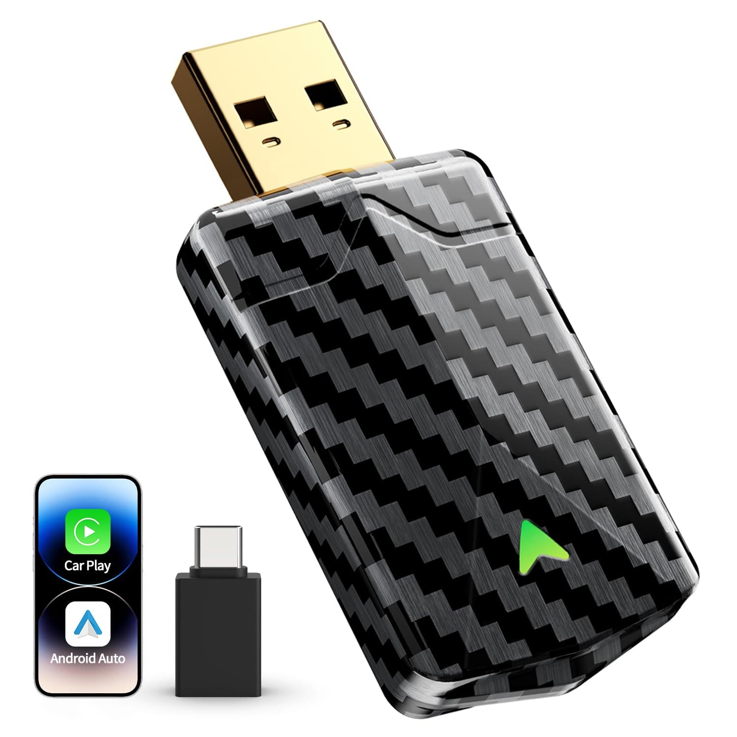 CODONOVA Mini Adaptateur CarPlay sans Fil & Android Auto sans Fil, Fibre de Carbone, USB-A/USB-C, Version Stable, Plug & Play, Voitures 2016+, Compatible avec iPhone (iOS 10+) et Android 10+
