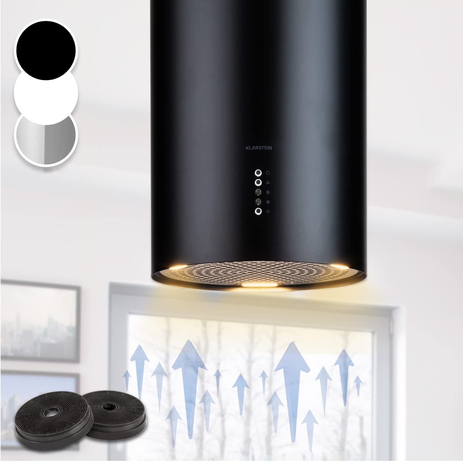 Klartstein Hotte Ilot Central Cuisine, Débit d'Air de 600 m³/h, Hotte pour Ilot 3 modes, Hotte Aspirante Suspendue, Filtres à Charbon Actif, Minuterie, Hotte de Cuisine Réglable avec Conduit Design