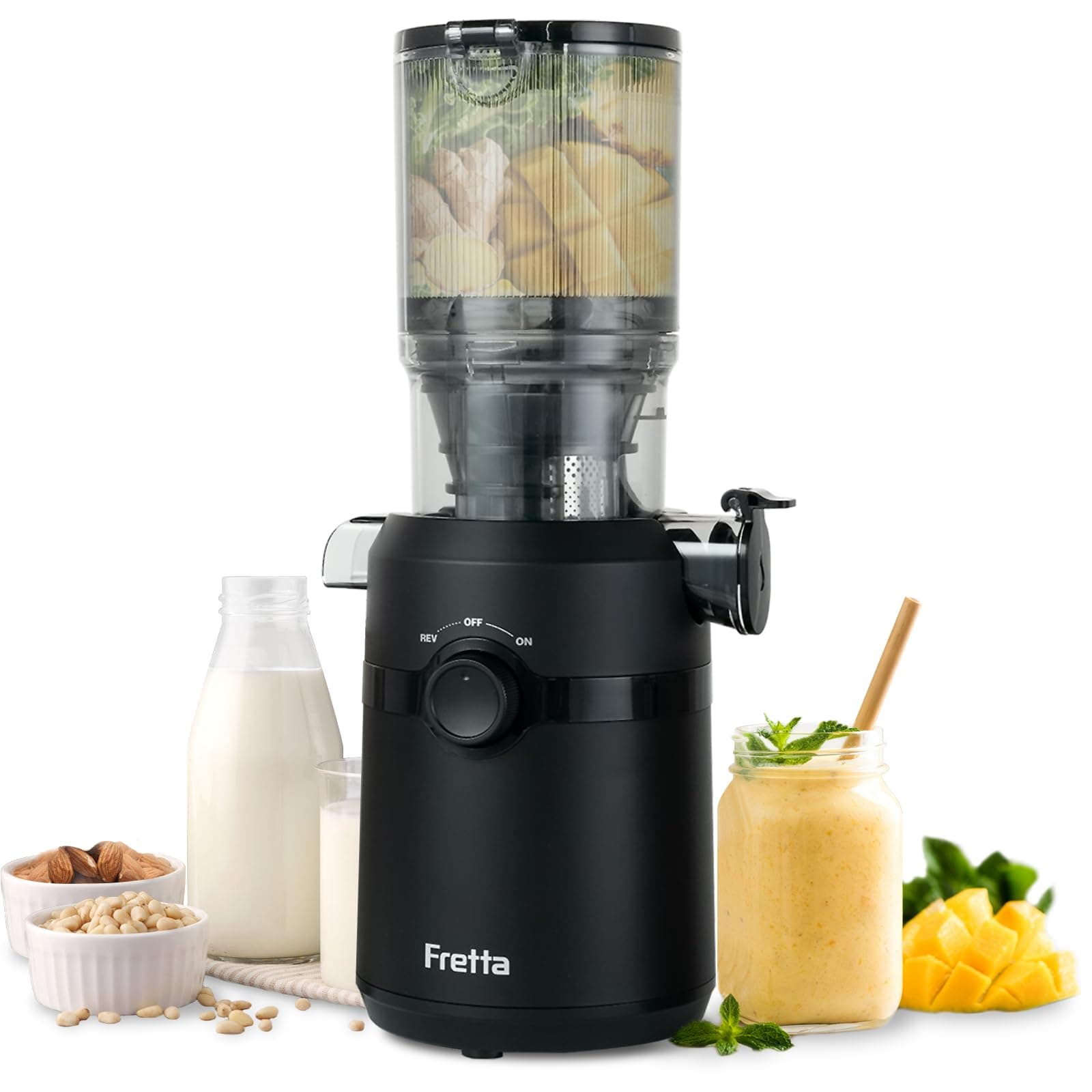 Extracteur de Jus, Fretta Extracteur de Jus de Fruits et Légumes Entiers, Grande Ouverture de 108mm Slow Juicer, 1L Capacité, Pression à Froid, Facile à Nettoyer, Sans BPA, 200W(Noir Mat)