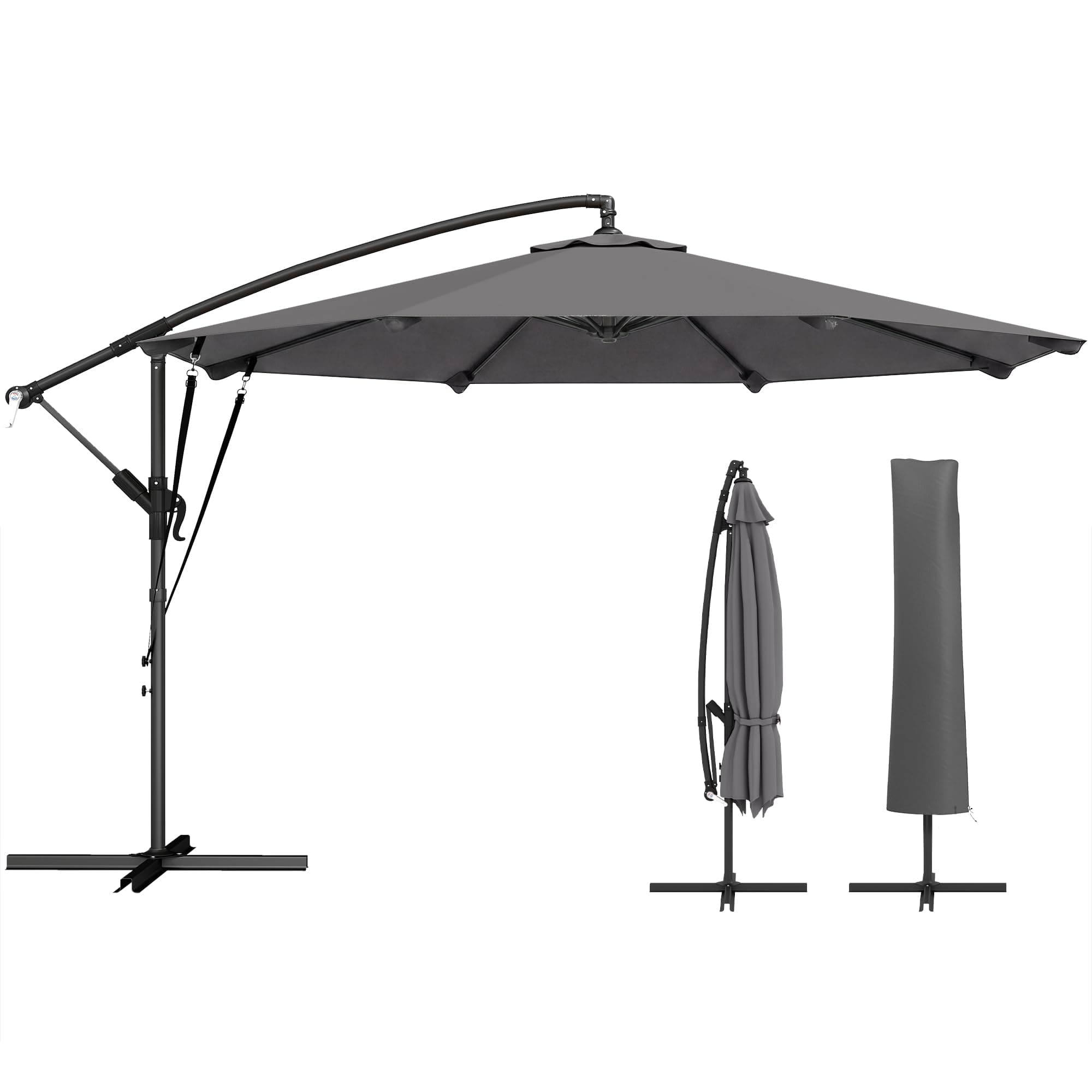 Outsunny Parasol Déporté Rond Ø3m avec Double Cordes de Fixation et Housse de Protection - Parasol de Jardin Extérieur avec 8 Baleines et Manivelle - Inclinable, Anti-UV et Pieds en Croix, Gris Foncé