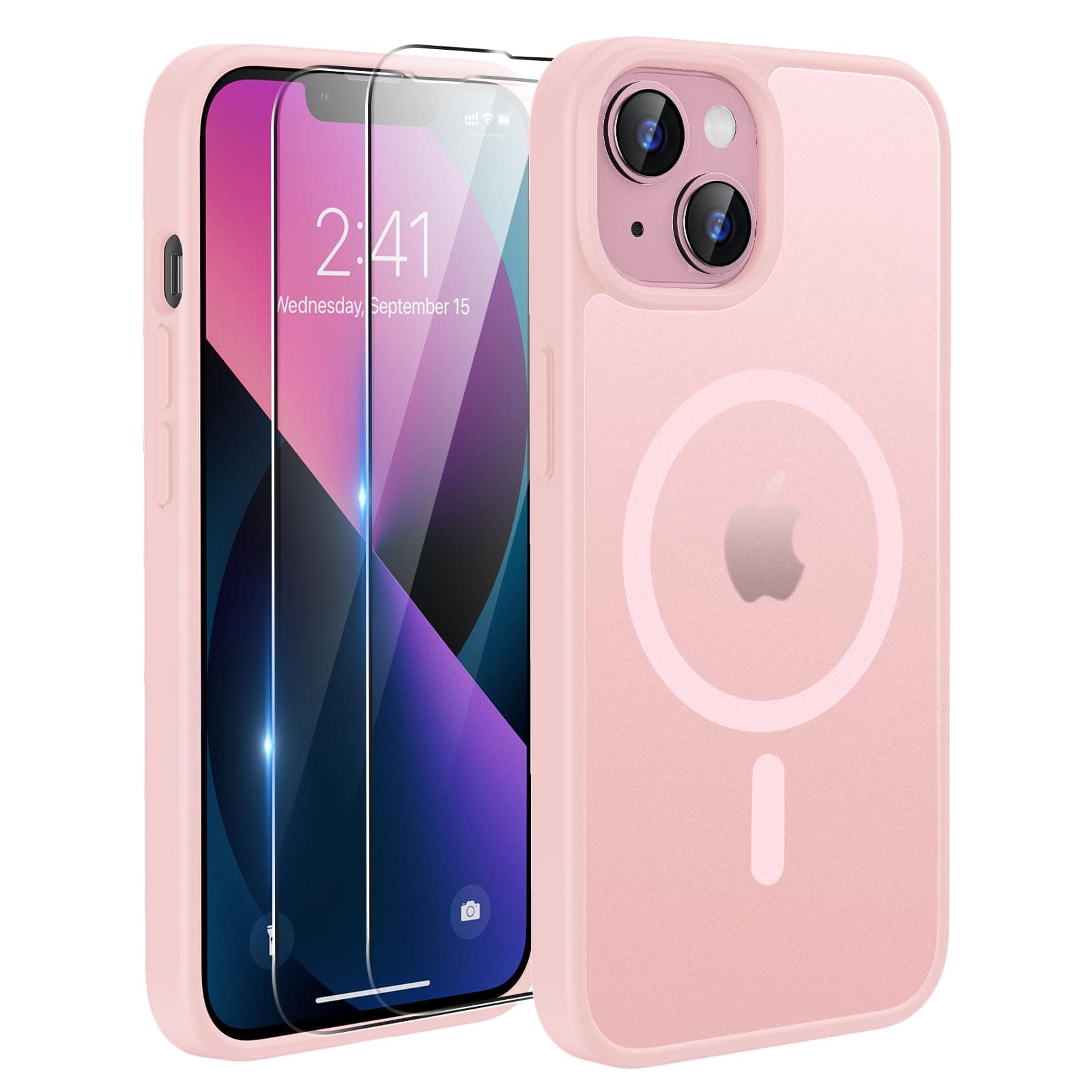 TQIAHF Magnetica Cover per iPhone 13 / iPhone 14 con 2 Pellicola Vetro Temperato Protezione Schermo Compatibile con Magsafe Case Militare Antiurto Sottile Opaca Telefono Custodia,Rosa