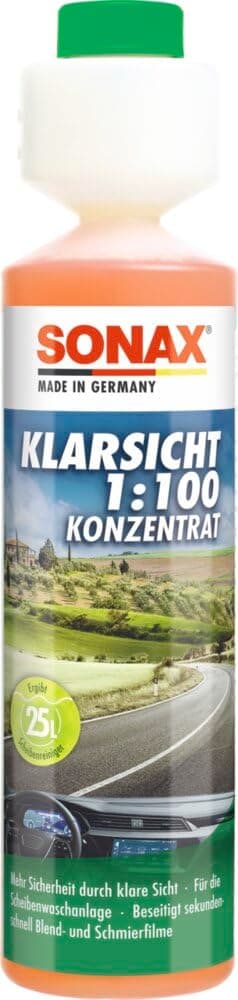 SONAX KlarSicht 1:100 Konzentrat (250 ml) hochkonzentrierter Reinigungszusatz für die Scheibenwaschanlage im Sommerbetrieb | Art-Nr. 03711410