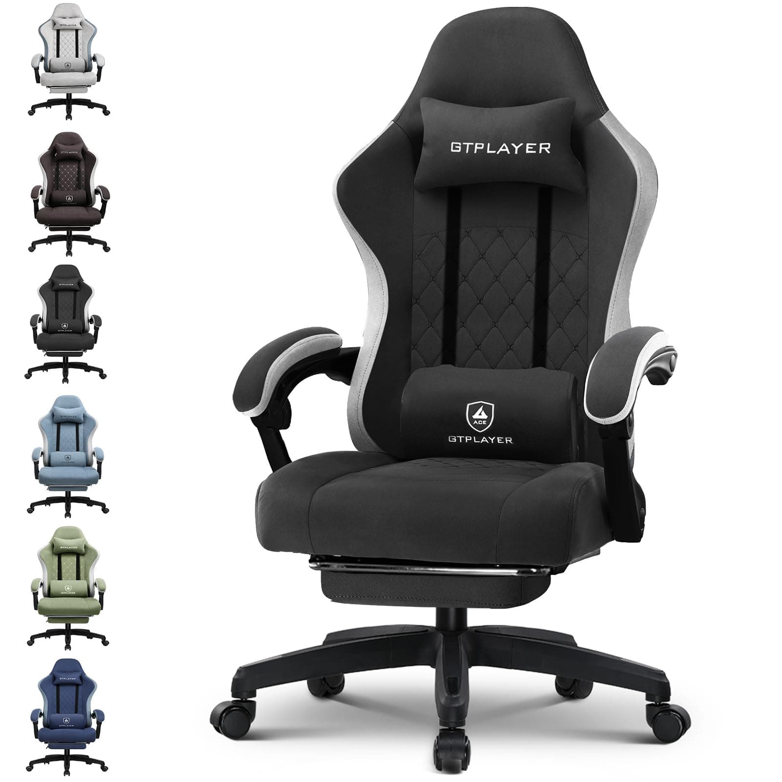 GTPLAYER Sedia da gaming, ergonomica, da scrivania, con superficie in tessuto, cuscino a molla, braccioli di collegamento e poggiapiedi, Negro