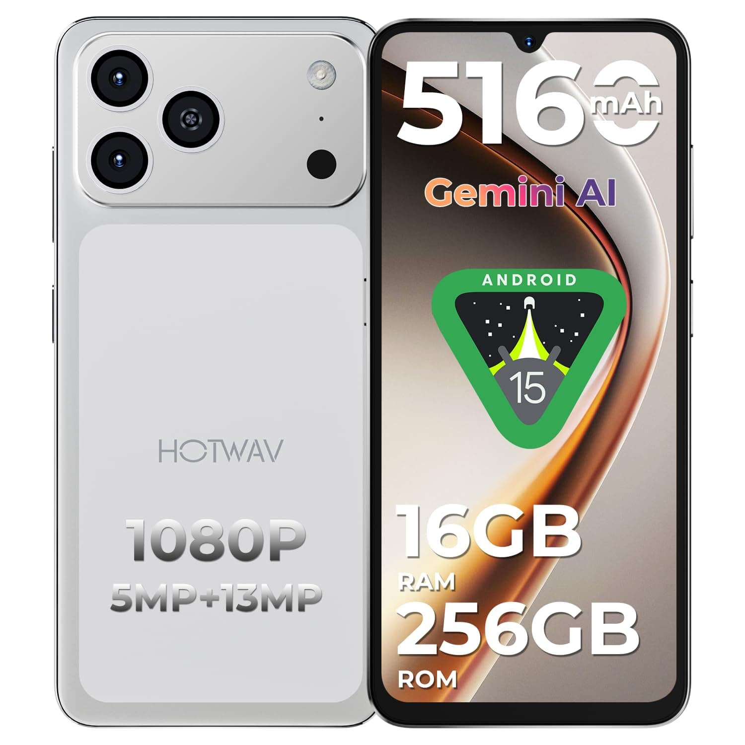 HOTWAV A17 Pro MAX Telefono Movil (2026) 16GB + 256GB 1TB Telefonos Moviles Libres, Batería 5160mAh, 6.75" HD+ Pantalla Android 15 Smartphone, Cámara 13MP+5MP, 4G Dual SIM/WiFi 6/Face ID/GPS