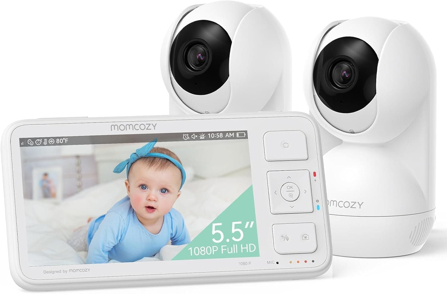 momcozy BM03 Vigilabebes con 2 Camara sin WiFi Alcance de 500m, 5.5" 1080P FHD Monitor Bebe con 5800mAh Batería, Camara Bebes Vigilancia con Visión Nocturna, Audio, VOX, Rebobinación Local