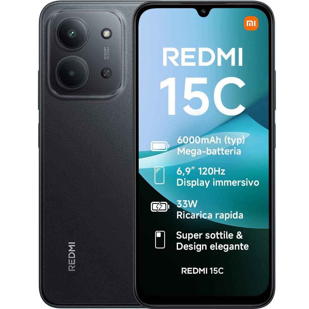 XIAOMI Redmi 15C, Smartphone 4+256GB, Display 6,9" 120Hz, 7,99mm, MediaTek Helio G81-Ultra, Dual camera da 50MP, Mega batteria da 6000mAh, Garanzia 2 anni, Nero, Caricabatterie non incluso
