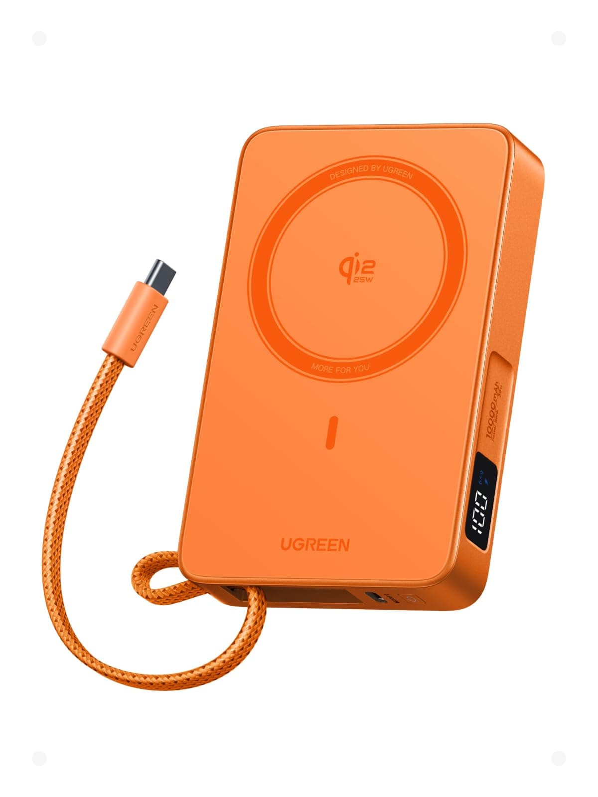UGREEN MagFlow Qi2 25W Batterie Externe 10000mAh Câble USB C PD 30W Compatible avec MagSafe iPhone 17 16 15 14 13 12 Air Plus Pro Max Power Bank Induction Magnétique Écran Numérique (Orange)