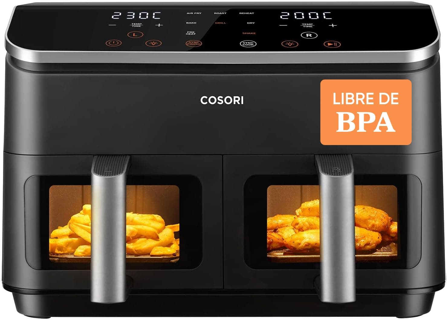 Cosori Freidora de Aire Grande con Doble Cesta 8,5L Air Fryer, Alta Pontencia y Velocidad, Max 8-10 Personas, 10 Funciones, Acero Inox Interior con Fianza, Más Sano, Panel Táctil Intuitivo, Limpiable