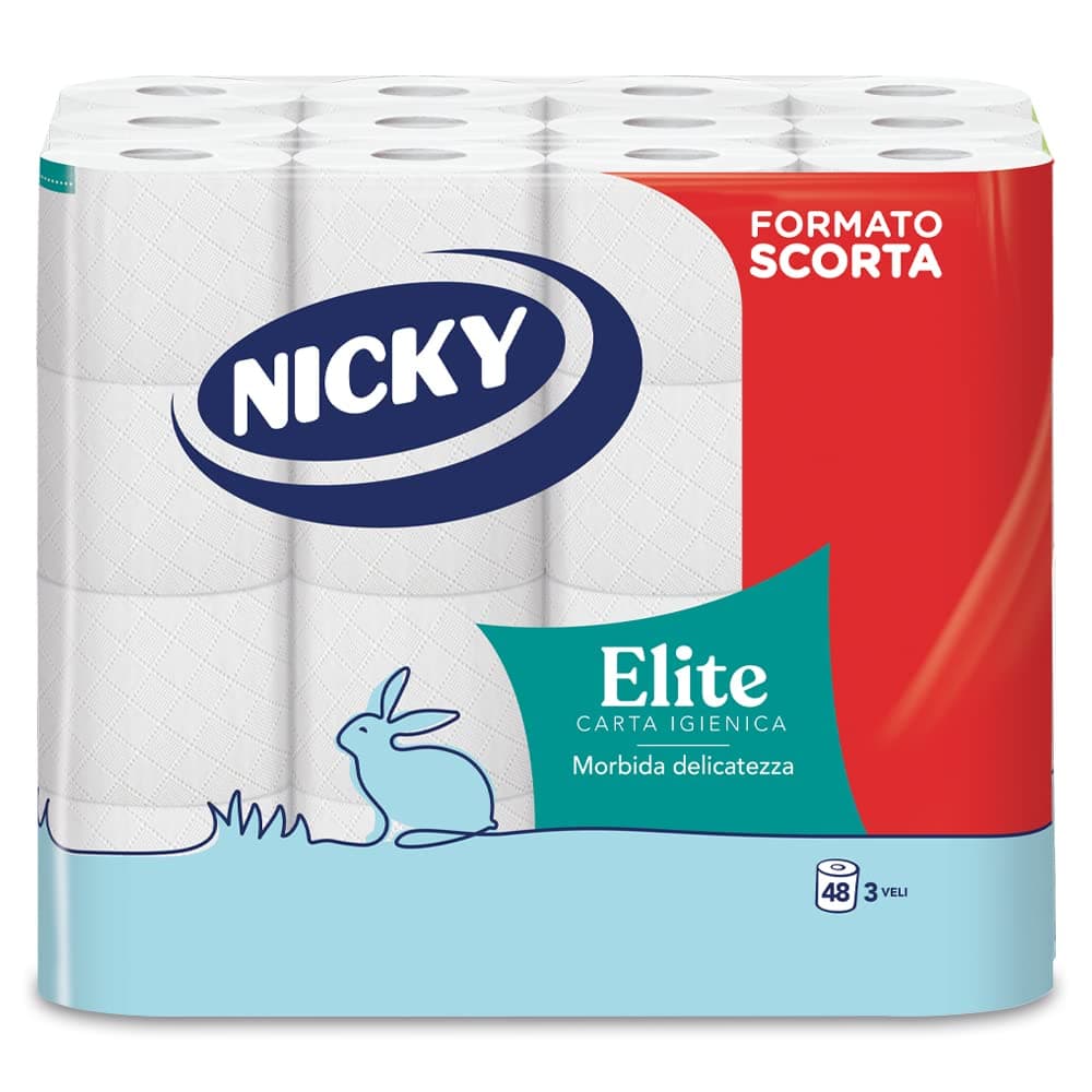 Nicky Elite - 48 Rotoli di Carta Igienica, 150 Soffici Fogli a 3 Veli, Morbida e Resistente a Contatto con la Pelle, Dermatologicamente Testata, 100% Certificata FSC®