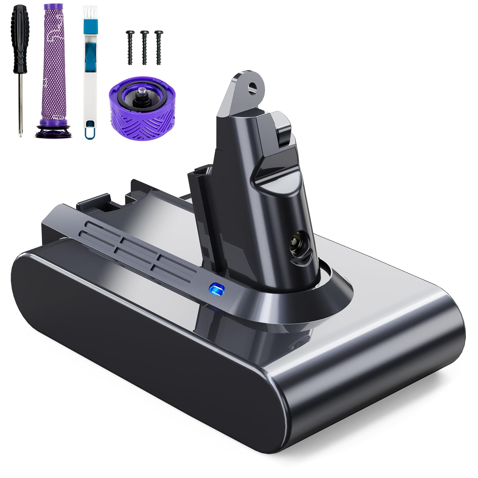 6000mAh Batterie avec Affichage de la Charge Restante pour Dyson V6 DC62 DC59 DC61 DC58 DC72 DC74 Aspirateur à Main Remplacement Batterie pour Dyson SV03 SV09 SV05 SV06 SV07 avec 2 Filtres et 1 Brosse