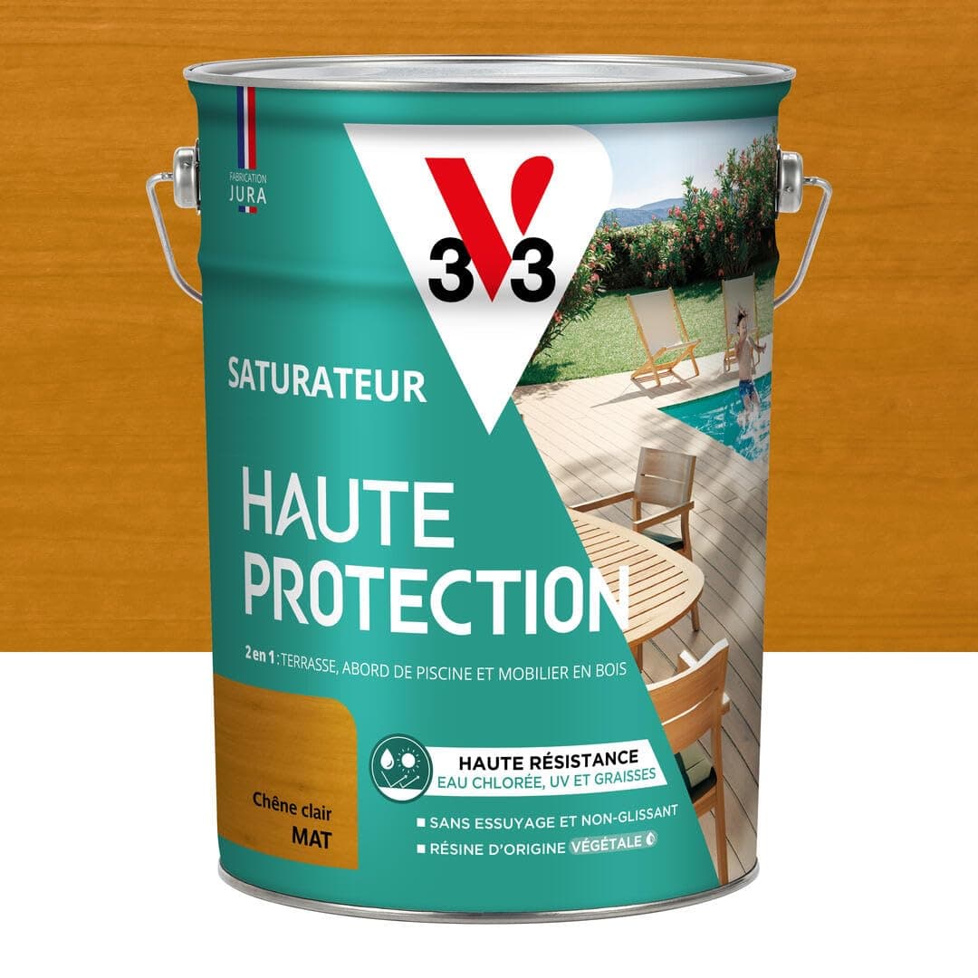 V33 Saturateur bois extérieur Chêne clair mat - Pour terrasses et mobilier de jardin - Haute résistance eau chlorée, UV et graisse - Sans essuyage et non glissant - Résine d'origine végétale - 5L
