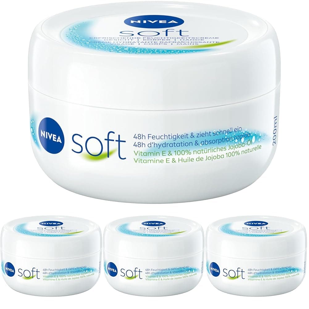 NIVEA Soft erfrischende Feuchtigkeitscreme (200 ml), leichte Creme mit Vitamin E und 100% natürlichem Jojoba-Öl, schnell einziehende Hautcreme für fühlbar entspannte Haut (Packung mit 4)