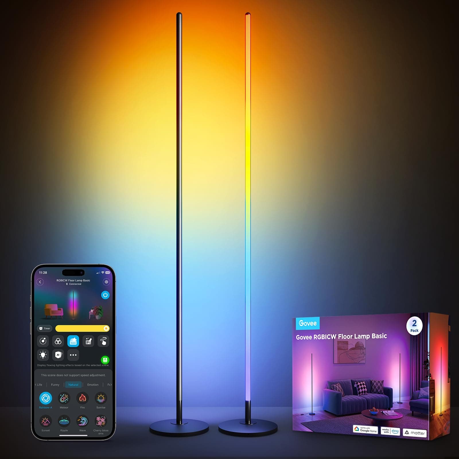 Govee RGBICW LED Stehlampe Wohnzimmer 2pack, WiFi Stehlampe Dimmbar, Arbeiten mit Alexa und Matter, 16 Millionen Farben, 85 Szenenmodi, Musikmodi, DIY-Modus Standleuchte für Schlafzimmer, Schwarz