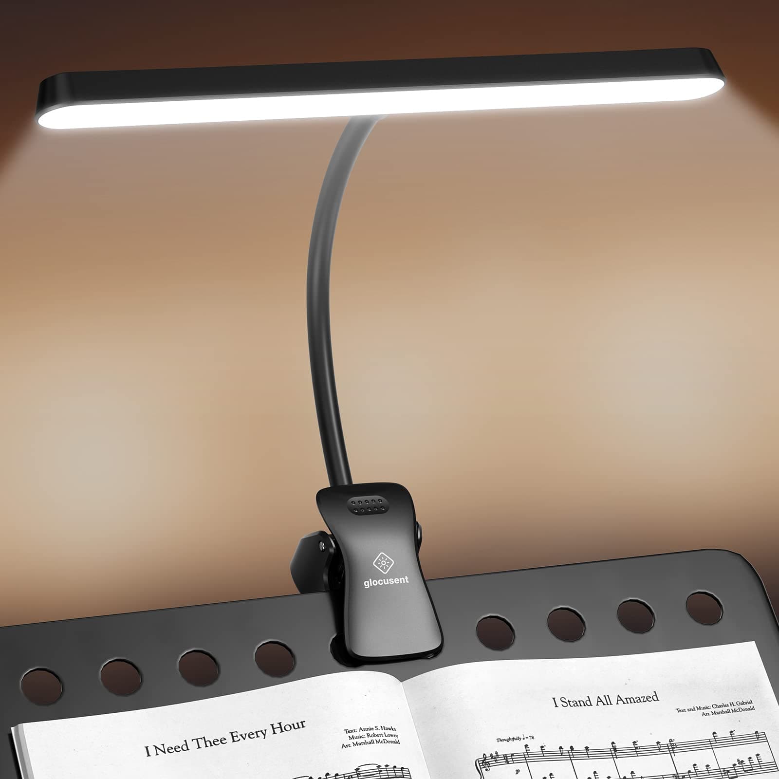 Glocusent 57 LED Lampada per Leggio Musicale, Lampada Pianoforte a Pinza, Protezione Vista, 3 Colori & 5 Luminosità, Caricabile USB-C, Dura 140 Ore, Ideale per Pianoforte, Spartiti, Chitarra (nero)