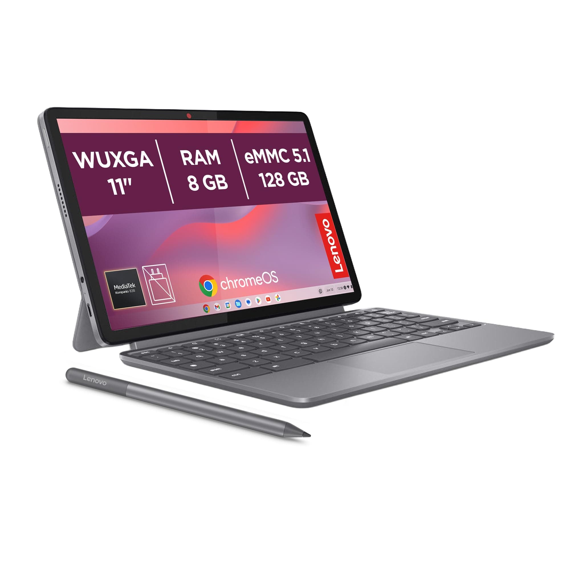 Lenovo Chromebook Duet Gen 9-11" WUXGA Táctil + Lápiz Incluido (MediaTek Kompanio 838, 8GB RAM, 128GB Emmc, ChromeOS) Gris QWERTY + 3 Meses Google AI Pro con Gemini Pro y 5TB