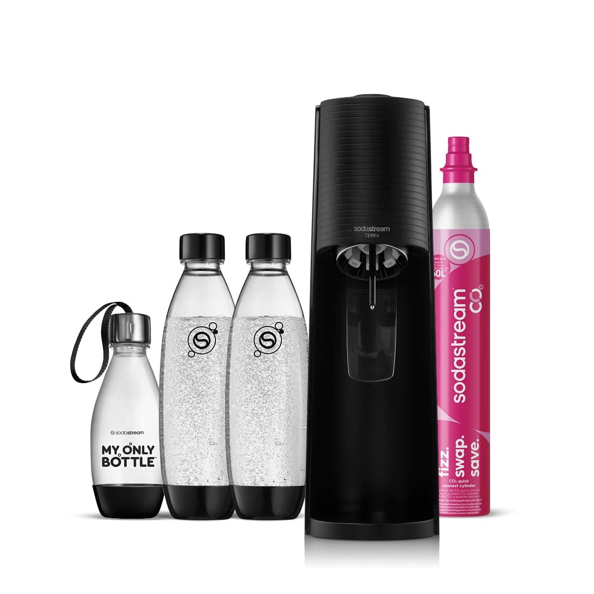 SodaStream Gasatore d’acqua Terra Nero include cilindro di Co2 per realizzare fino a 60 Litri di acqua frizzante, inclusa due bottiglie da 1 L e una bottiglia da 0,5L lavabili in lavastoviglie