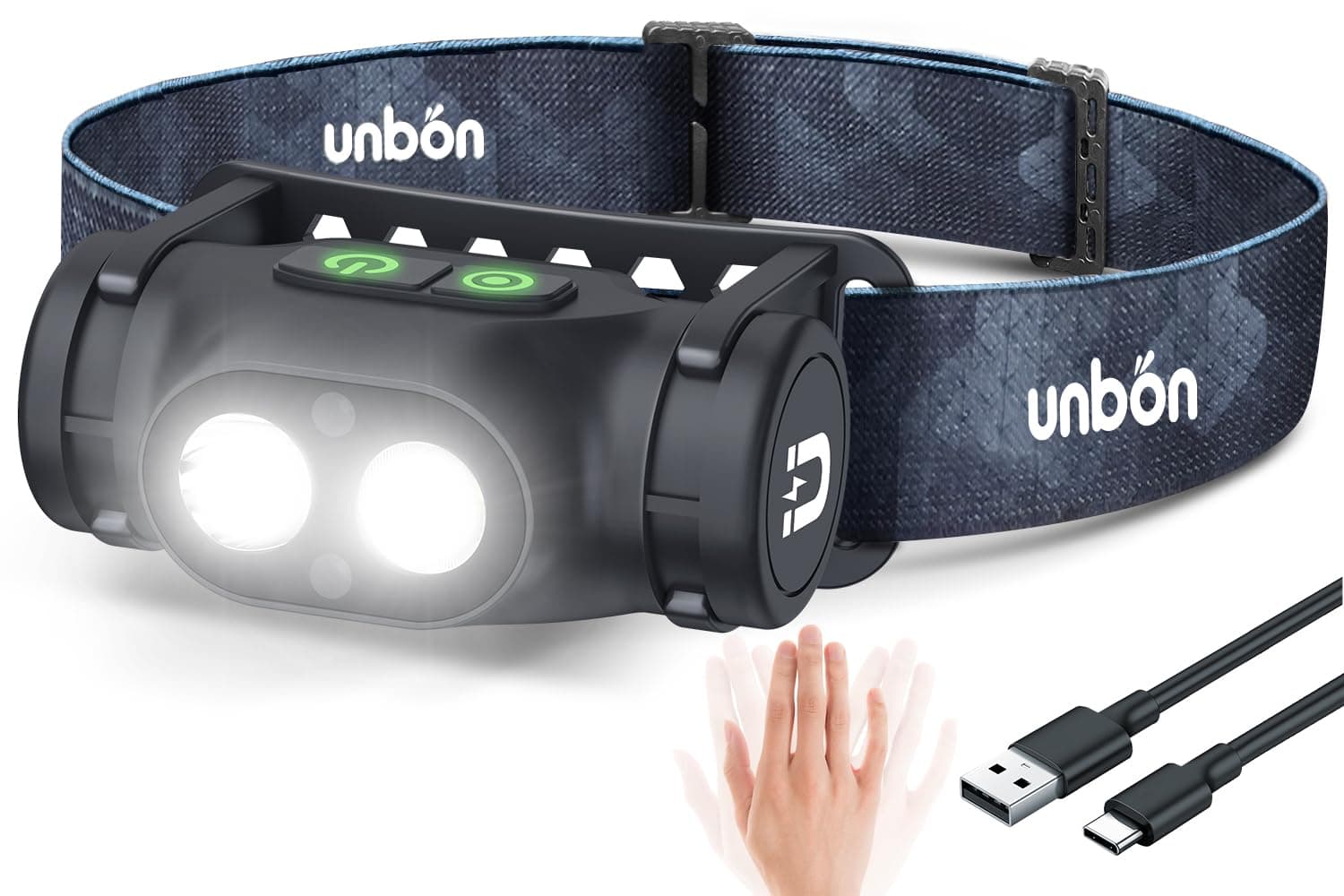 UNBON Lampe Frontale LED Ultra Puissante, Lampe Frontale Rechargeable USB C avec Détecteur de Mouvement et Base Magnétique IPX4 Étanche Légère Lampe Torche Frontale pour Bricolage Randonnée Camping