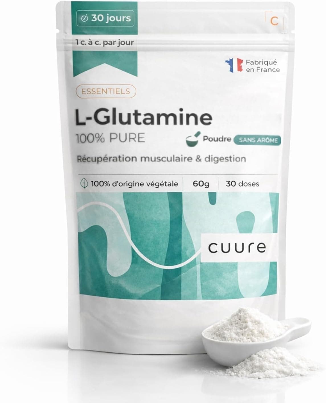 L-Glutamine - CUURE - Acide Aminé en Poudre [60g] - 100% Pure - Récupération Sport - Hautement Biodisponible - 30 Jours - Saveur Neutre - Fabriqué en France