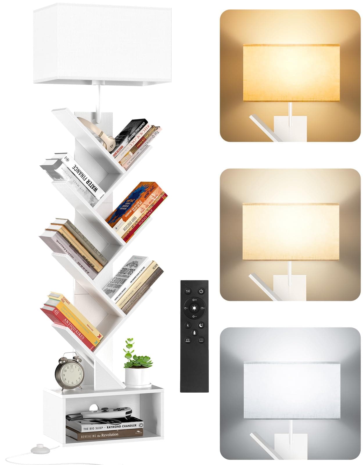 OUTONLIFE Libreria a Forma di Albero in Legno con Luce, Scaffale Autoportante a 6 Ripiani ad Angolo con Telecomando – Libreria Salvaspazio per Libri, CD, per Soggiorno, Studio, Ufficio (Bianco)