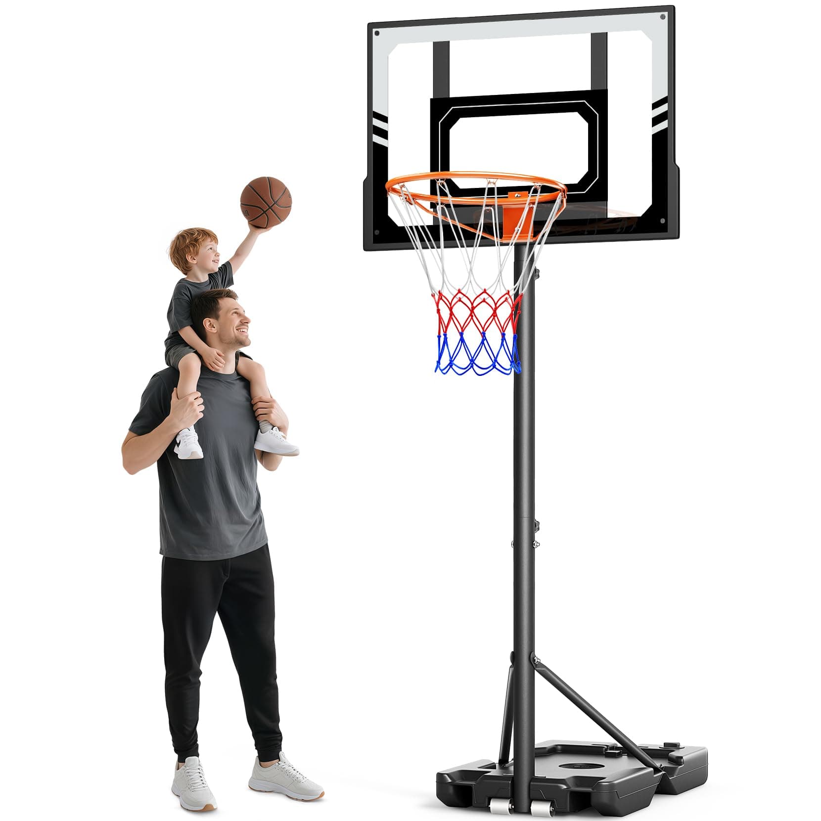 Panier de Basket Extérieur pour Enfants de 107 à 213 cm - Hauteur Réglable, Panneau Polycarbonate Incassable, Support et roulettes Inclus - Dès 3 Ans