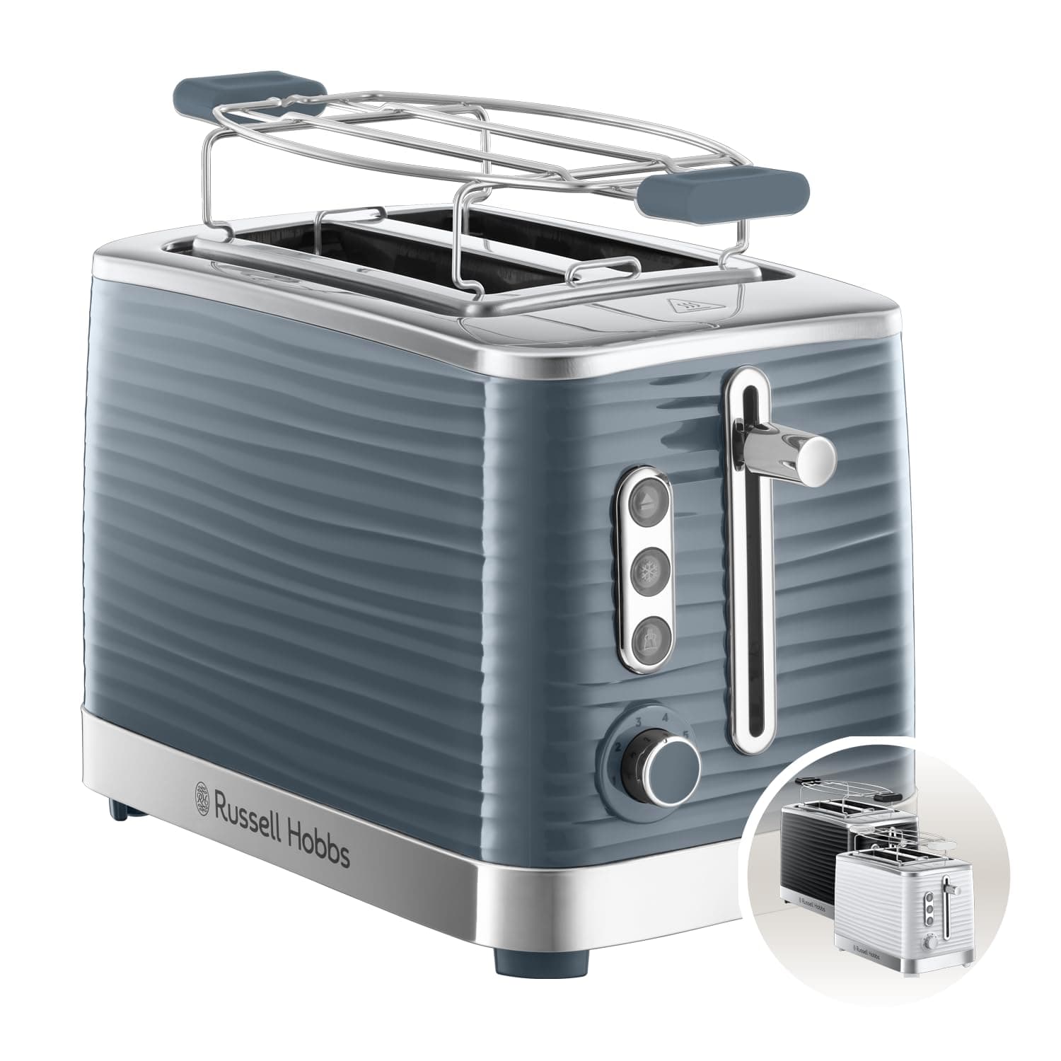 Russell Hobbs Toaster [für 2 Scheiben] Inspire Grau mit hochwertiger Hochglanz-Struktur (extra breite Toastschlitze, inkl. Brötchenaufsatz, 6 Bräunungsstufen + Auftau- & Aufwärmfunktion) 24373-56