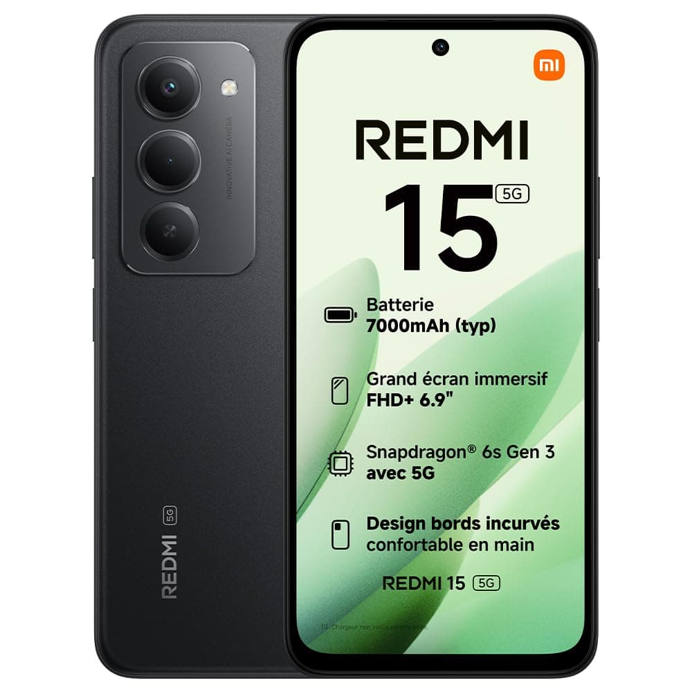 XIAOMI Redmi 15 5G, Smartphone 8+256 Go, écran FHD+ DotDisplay 144 Hz de 6,9", Processus 6 nm Octa-Core, Appareil Photo Principal 50 MP, Batterie 7 000mAh, Noir, Chargeur Non Inclus