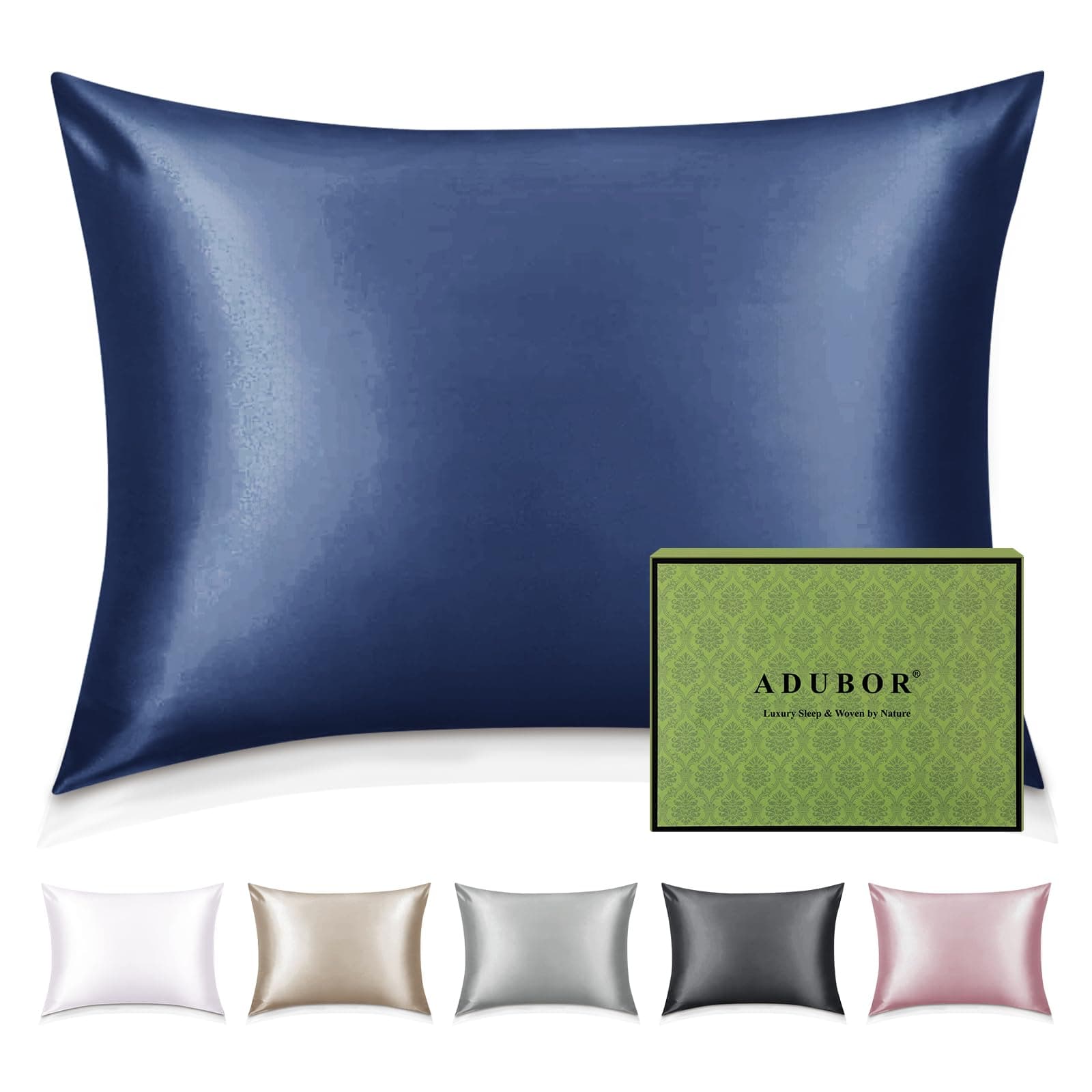 Adubor Taie Oreiller 100% Soie, 22 Momme Soie de Mûrier, Grade 6A, Taie d'oreiller Soie pour la Santé des Cheveux et de la Peau, avec Fermeture Éclair Dissimulée (50 × 70cm, Bleu Marine, 1 pièce)
