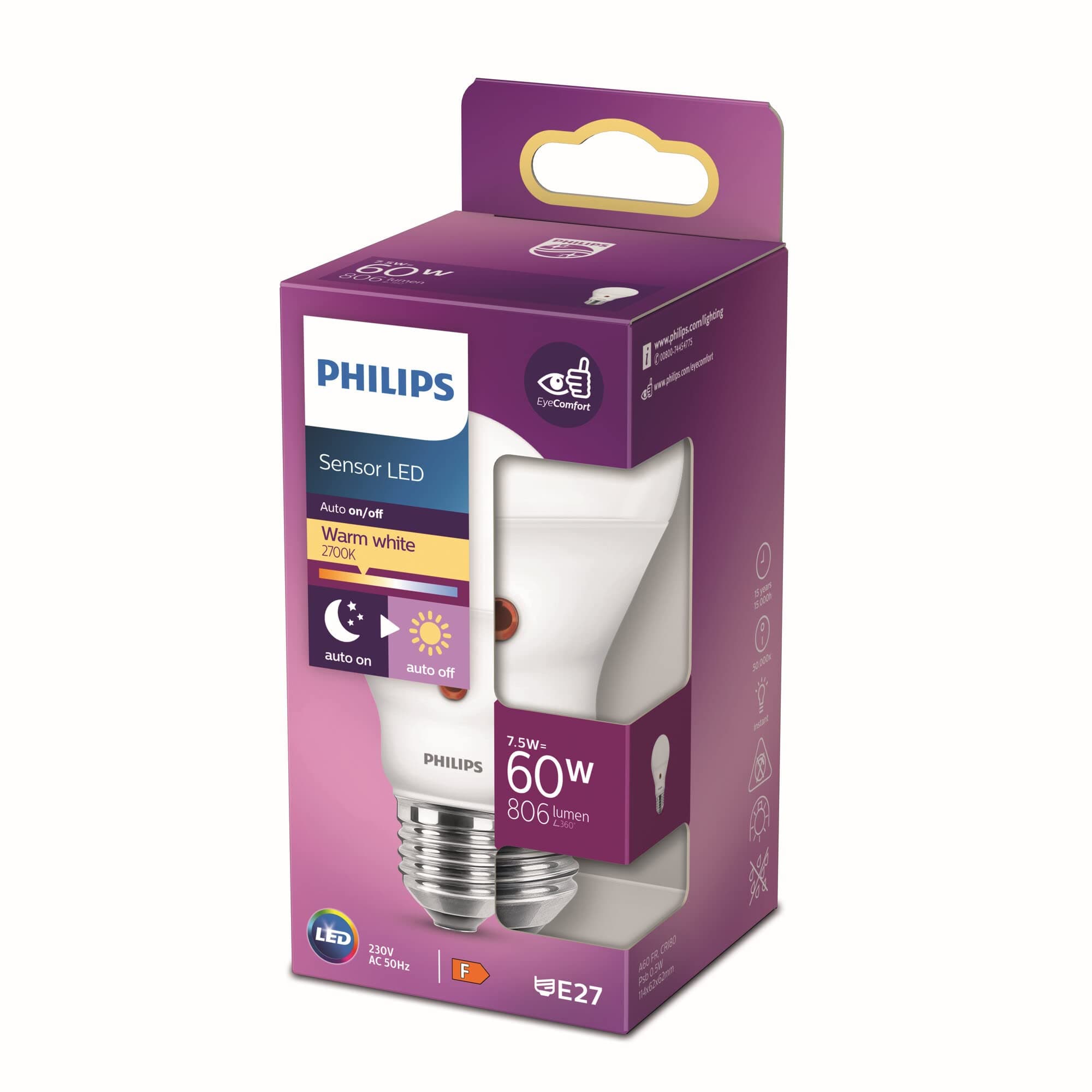 Philips LED Lampe mit Tageslichtsensor 60W, warmwei脽 (2700 Kelvin), 806 Lumen, Lichtsensor