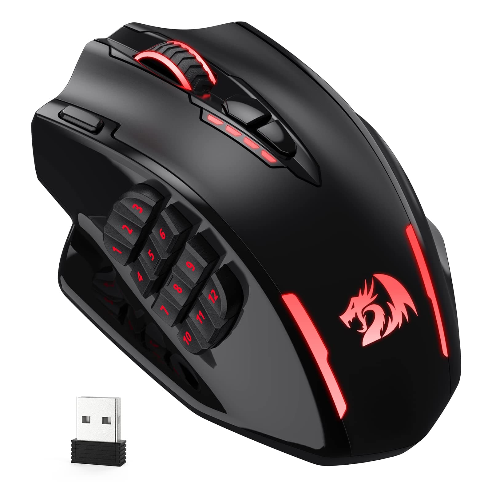 Redragon M913 Impact Elite - Mouse da gioco wireless 16.000 DPI con 20 pulsanti programmabili, 45 ore di funzionamento a batteria e sensore ottico Pro, 12 pulsanti laterali