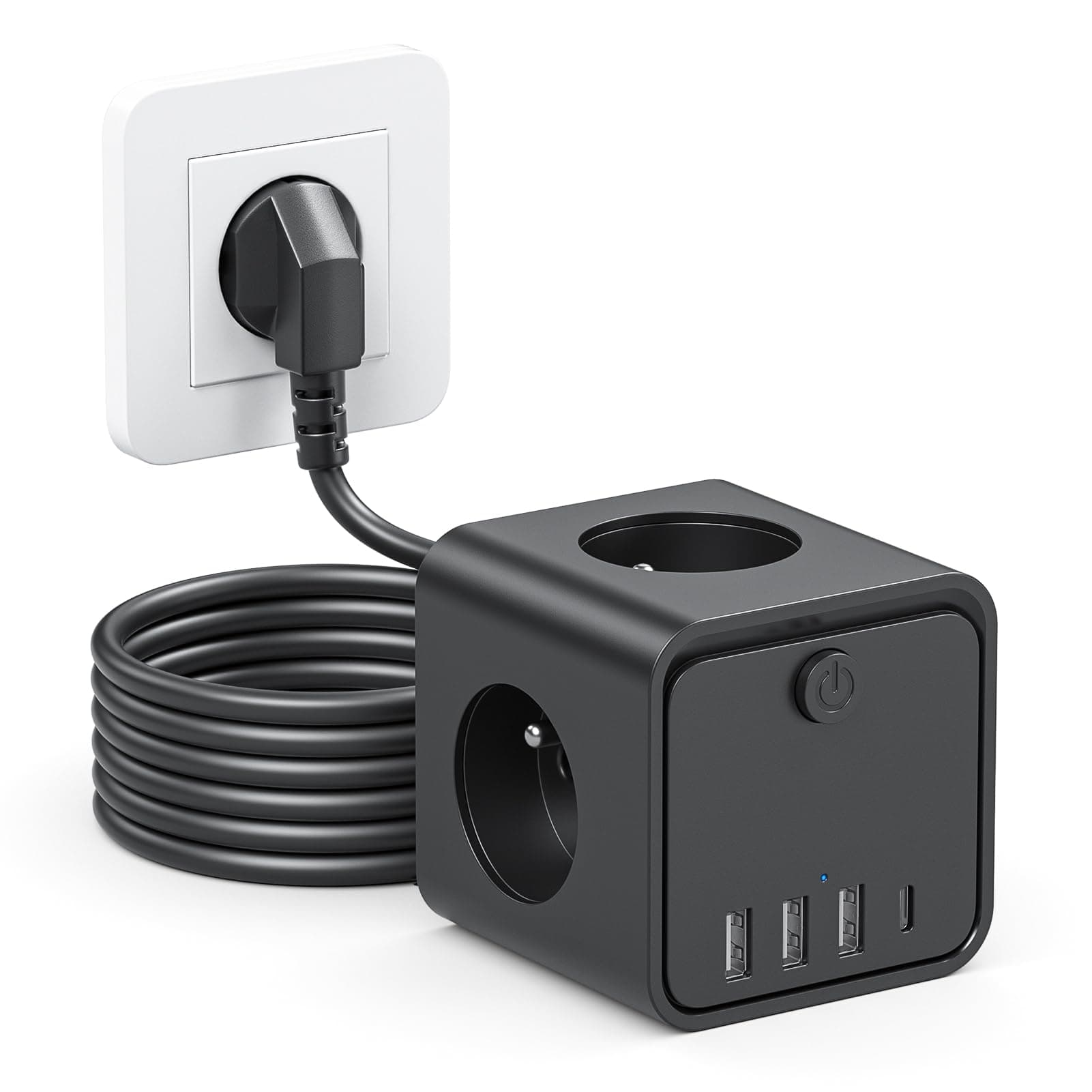 Regleta Enchufes, 7 en 1 enchufes con USB de Pared 3 Tomas, con Interruptor Cable 2m Regleta con USB Ideal para Sala de Estar Oficina Dormitorio