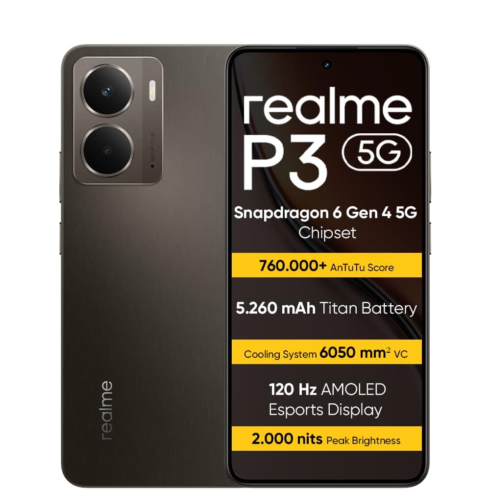 realme P3 5G Smartphone 12+512 GB, Procesador 5G Snapdragon 6 de 4.ª generación, Batería Titan de 5260mAh, Carga rápida de 45W, Pantalla AMOLED de 120 Hz, Brillo máximo de 2000nit, IP69, Grey