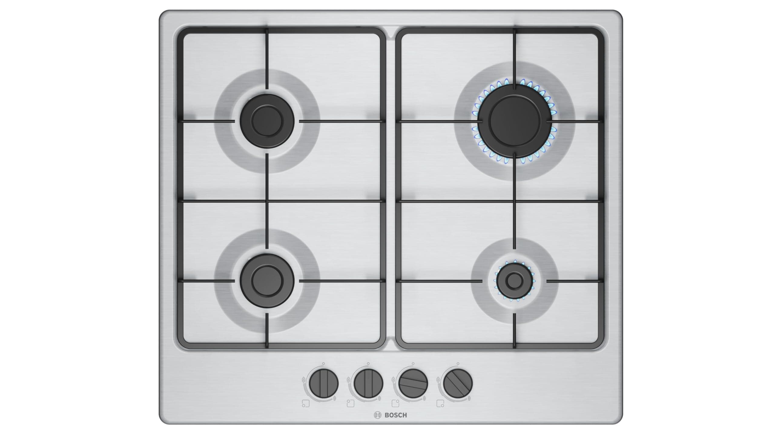 Bosch PGP6B5K60, Piano cottura a gas, Manopole a ponticello: controllo ergonomico, 4 fuochi, Acciaio, Versione Esclusiva Amazon, 60 cm, Serie 4 - NEW, Inox