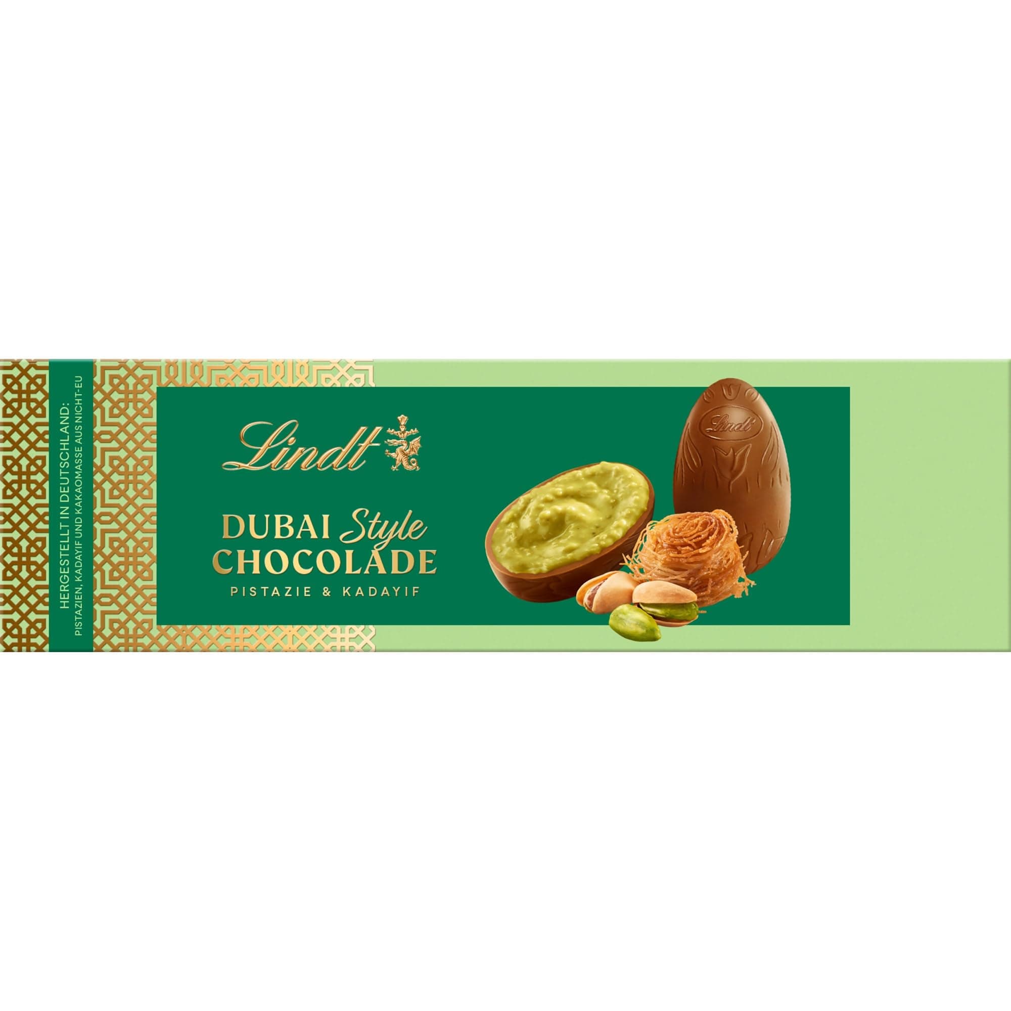 Lindt Dubai Style Chocolade Eier | 108g Eier | Feinste Vollmilch-Chocolade mit feinster Pistazienmark, Pistazien- und Mandelkrokant und knuspriger Kadayif Füllung | Schokoladeneier